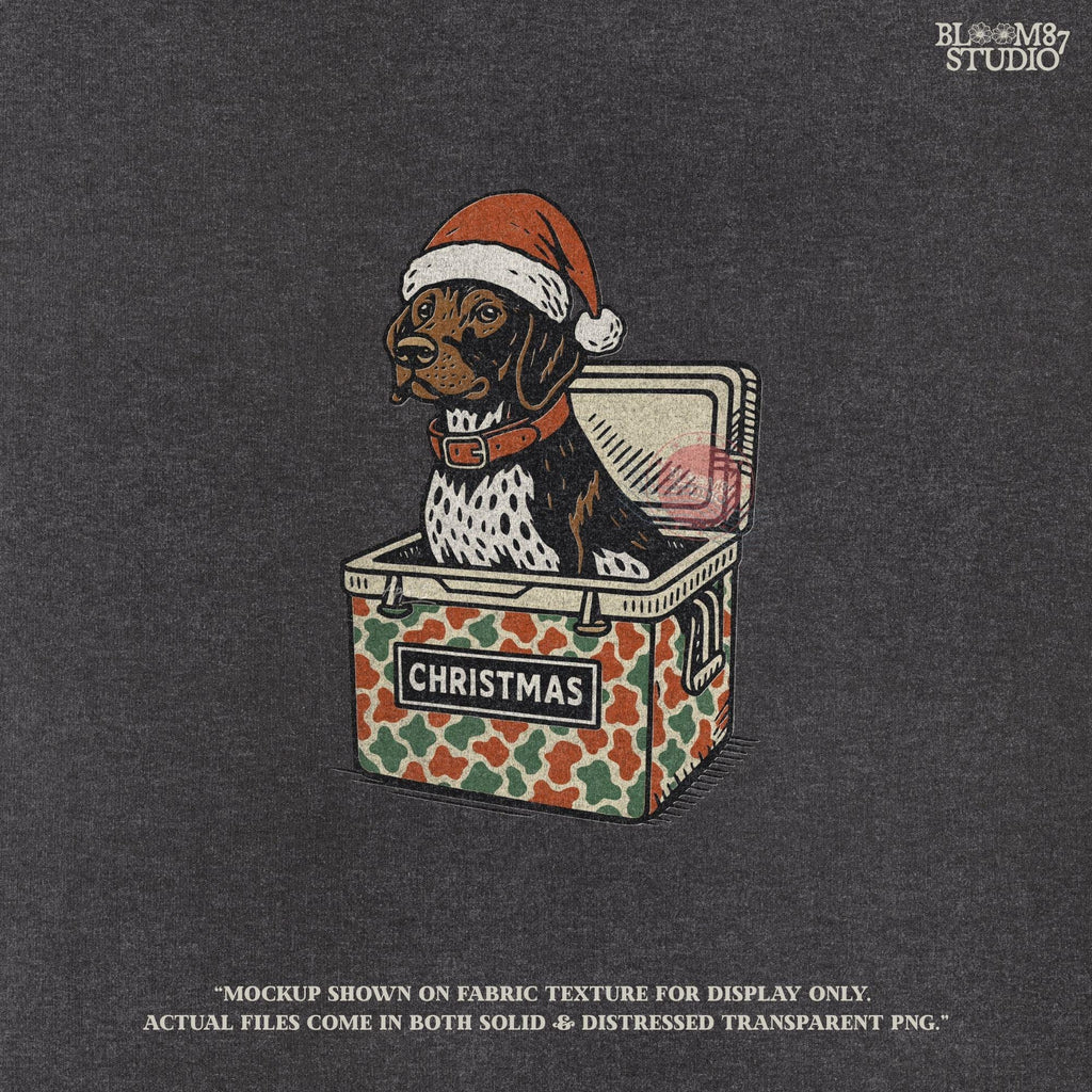 Solid Version:
Vintage illustration of a dog in a Santa hat sitting inside a camo-patterned Christmas cooler, sublimation PNG for rustic holiday crafts and pet decor.

Distressed Version:
Distressed artwork of a Christmas dog in camo cooler with Santa hat, funny sublimation PNG perfect for farmhouse festive shirts, mugs, and seasonal gifts.