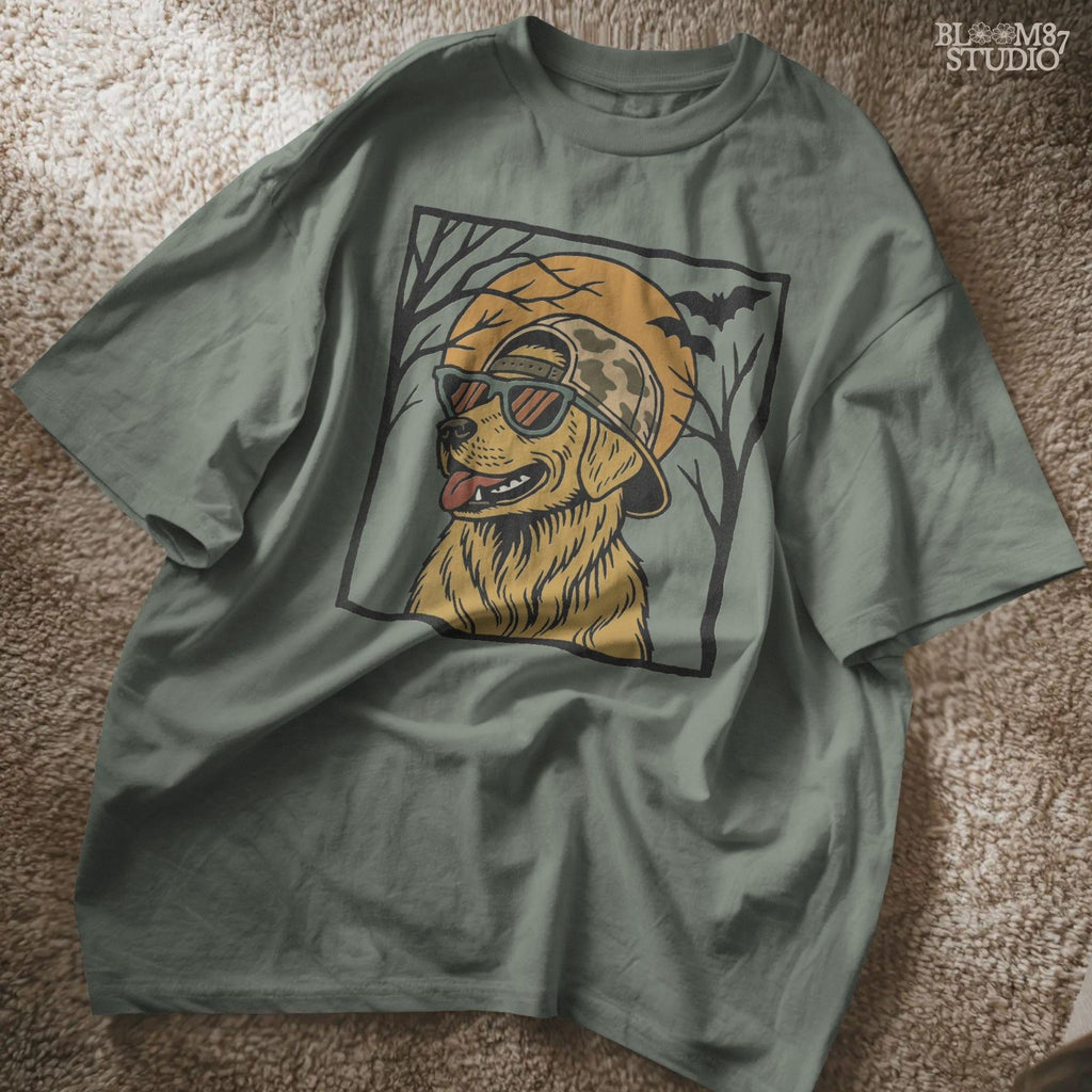 Solid version:
“Golden retriever dog wearing sunglasses and camo hat under full moon with bats – Halloween sublimation PNG design for shirts and crafts”

Distressed version:
“Vintage distressed golden retriever Halloween sublimation PNG of dog in sunglasses and camo hat under moon with bats for spooky designs”