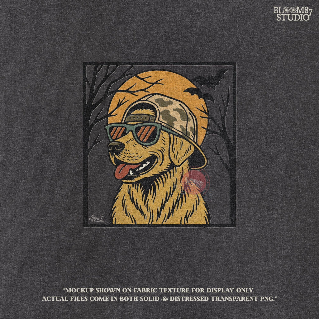 Solid version:
“Golden retriever dog wearing sunglasses and camo hat under full moon with bats – Halloween sublimation PNG design for shirts and crafts”

Distressed version:
“Vintage distressed golden retriever Halloween sublimation PNG of dog in sunglasses and camo hat under moon with bats for spooky designs”