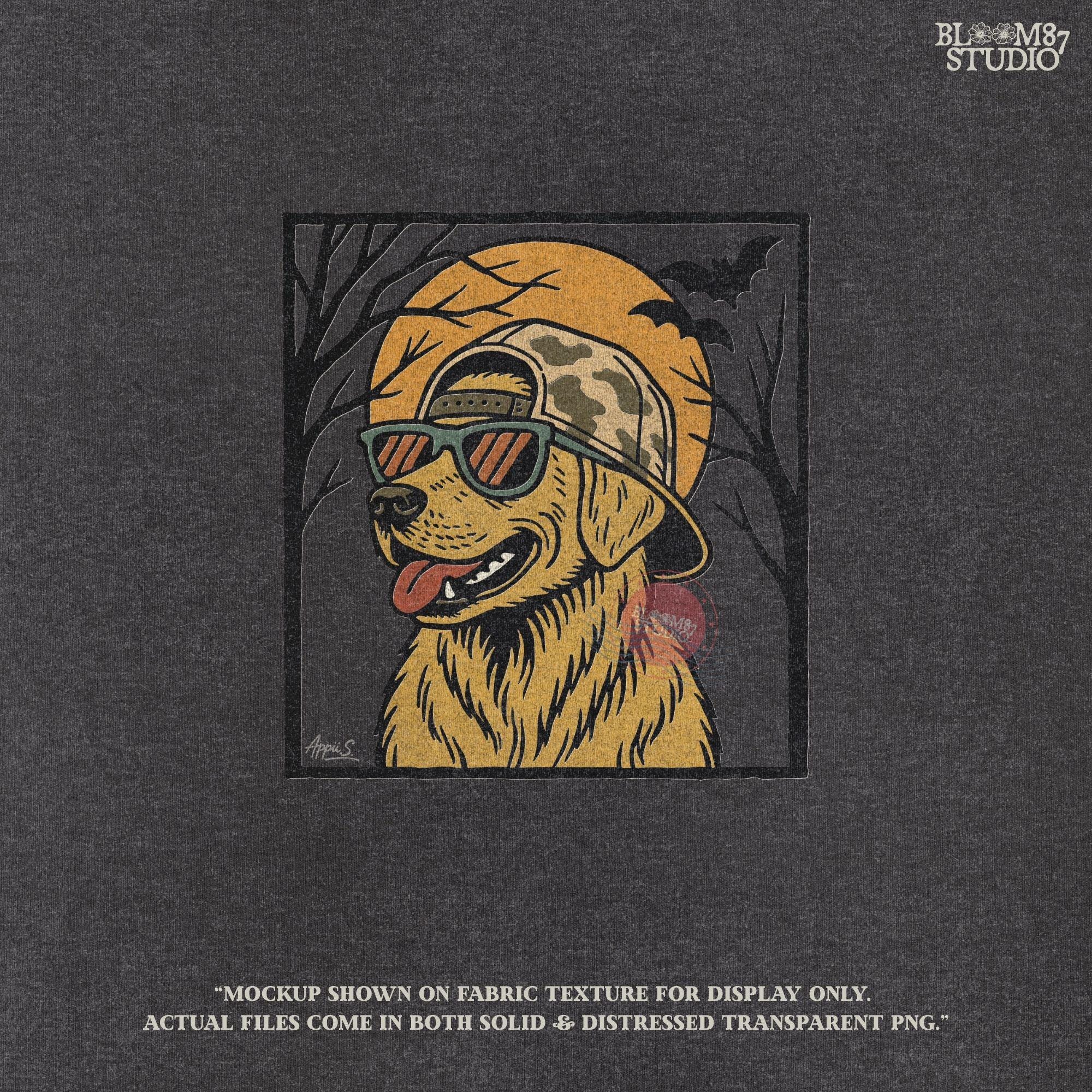 Solid version:
“Golden retriever dog wearing sunglasses and camo hat under full moon with bats – Halloween sublimation PNG design for shirts and crafts”

Distressed version:
“Vintage distressed golden retriever Halloween sublimation PNG of dog in sunglasses and camo hat under moon with bats for spooky designs”