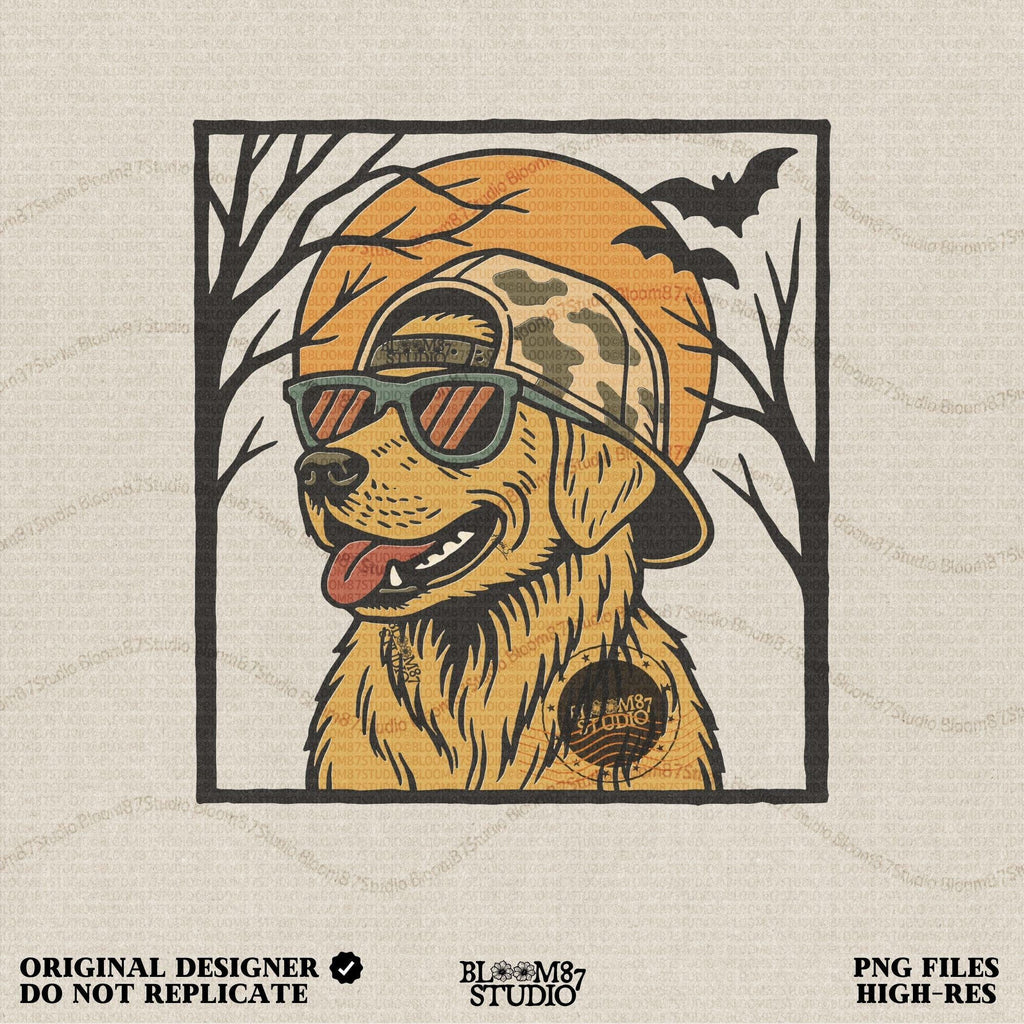 Solid version:
“Golden retriever dog wearing sunglasses and camo hat under full moon with bats – Halloween sublimation PNG design for shirts and crafts”

Distressed version:
“Vintage distressed golden retriever Halloween sublimation PNG of dog in sunglasses and camo hat under moon with bats for spooky designs”