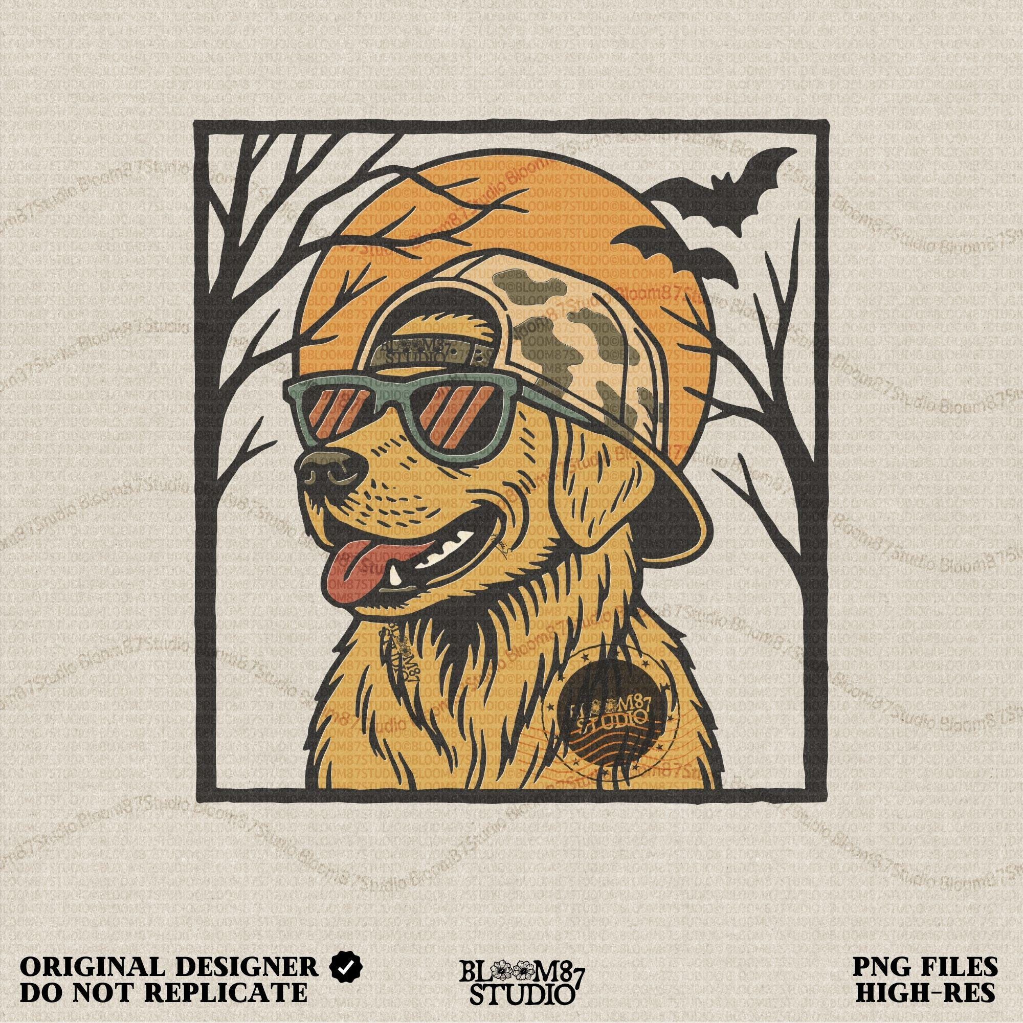 Solid version:
“Golden retriever dog wearing sunglasses and camo hat under full moon with bats – Halloween sublimation PNG design for shirts and crafts”

Distressed version:
“Vintage distressed golden retriever Halloween sublimation PNG of dog in sunglasses and camo hat under moon with bats for spooky designs”