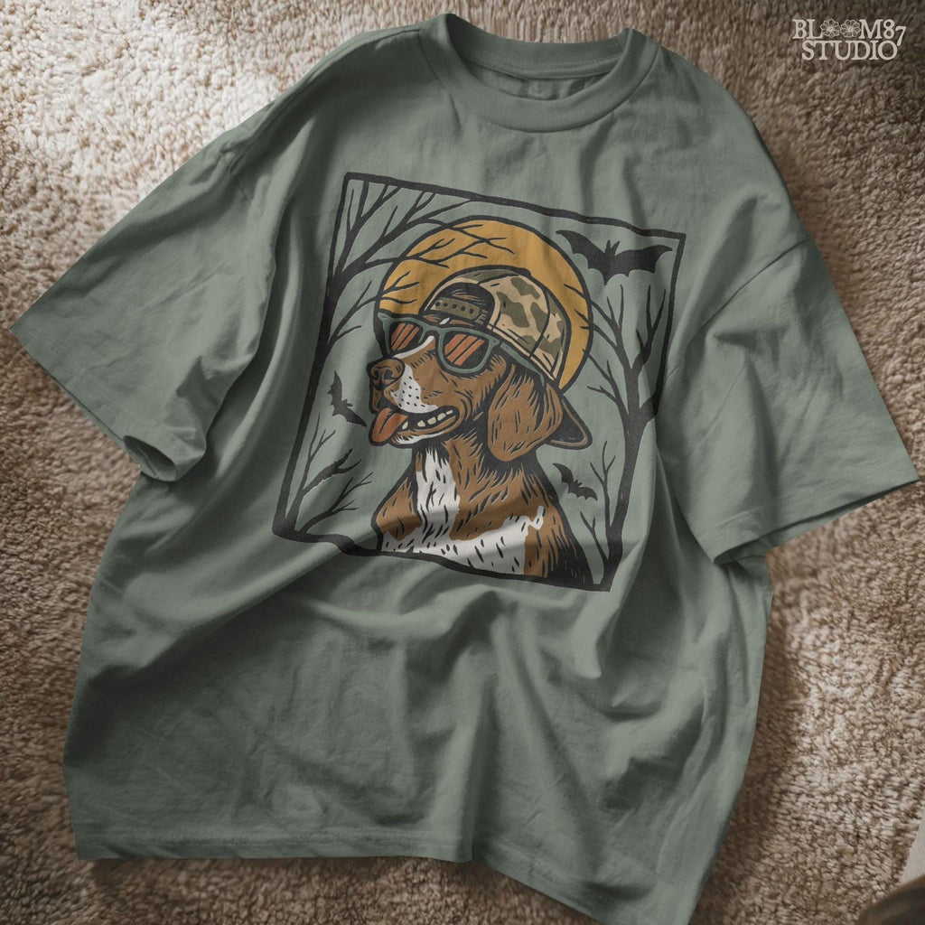 Solid version:
“German Shorthaired Pointer dog wearing sunglasses and camo hat under full moon with bats – Halloween sublimation PNG design”

Distressed version:
“Vintage distressed Halloween sublimation PNG of German Shorthaired Pointer in sunglasses and camo hat under moon with bats”