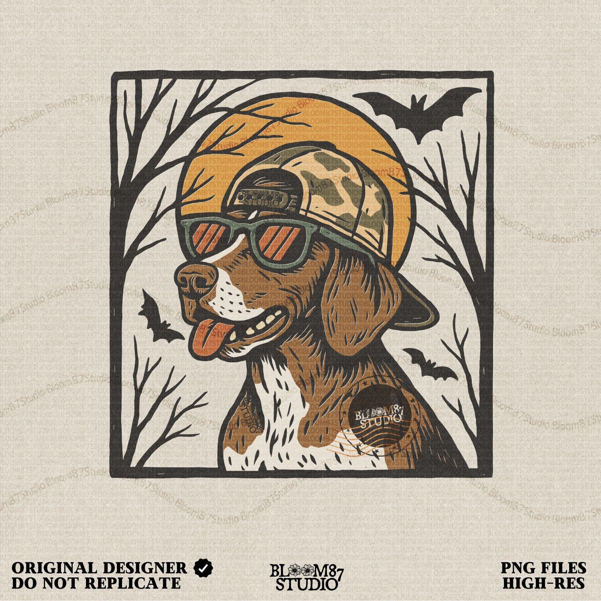 Solid version:
“German Shorthaired Pointer dog wearing sunglasses and camo hat under full moon with bats – Halloween sublimation PNG design”

Distressed version:
“Vintage distressed Halloween sublimation PNG of German Shorthaired Pointer in sunglasses and camo hat under moon with bats”