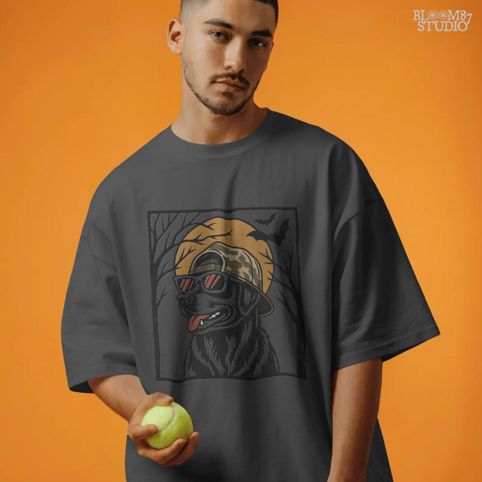 Solid version:
“Black Labrador Retriever wearing sunglasses and camo hat under full moon with bats – Halloween sublimation PNG for shirts and crafts”

Distressed version:
“Vintage distressed Black Lab Halloween sublimation PNG of Labrador Retriever in sunglasses and camo hat under moon with bats”