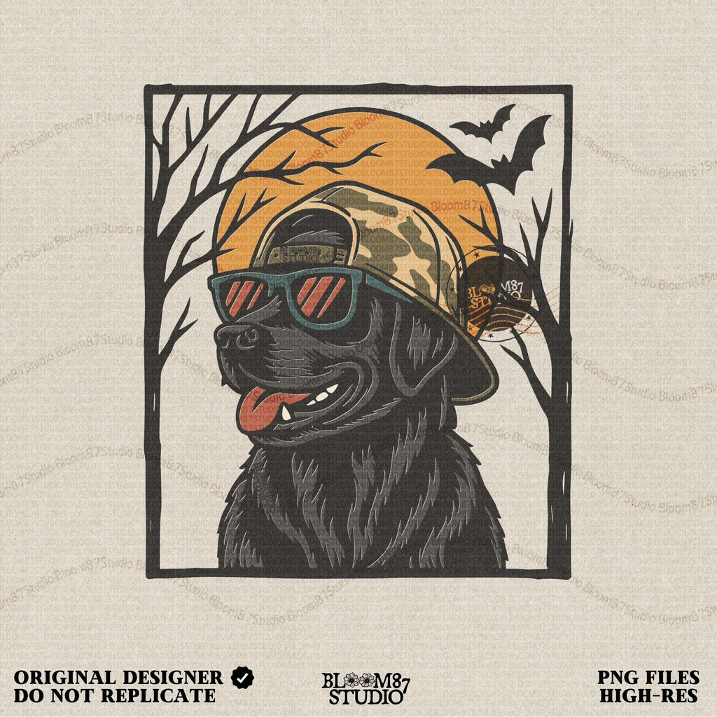 Solid version:
“Black Labrador Retriever wearing sunglasses and camo hat under full moon with bats – Halloween sublimation PNG for shirts and crafts”

Distressed version:
“Vintage distressed Black Lab Halloween sublimation PNG of Labrador Retriever in sunglasses and camo hat under moon with bats”
