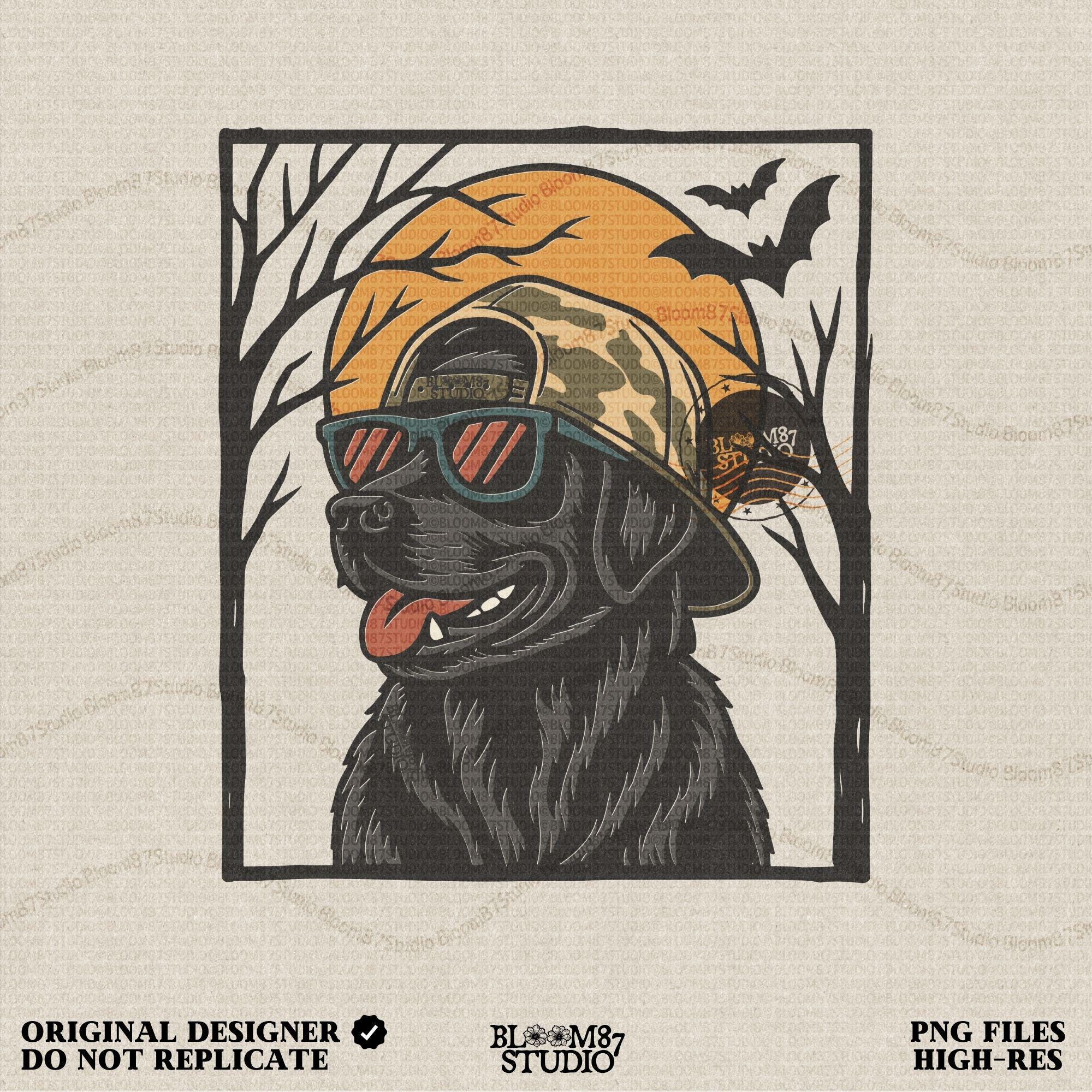 Solid version:
“Black Labrador Retriever wearing sunglasses and camo hat under full moon with bats – Halloween sublimation PNG for shirts and crafts”

Distressed version:
“Vintage distressed Black Lab Halloween sublimation PNG of Labrador Retriever in sunglasses and camo hat under moon with bats”