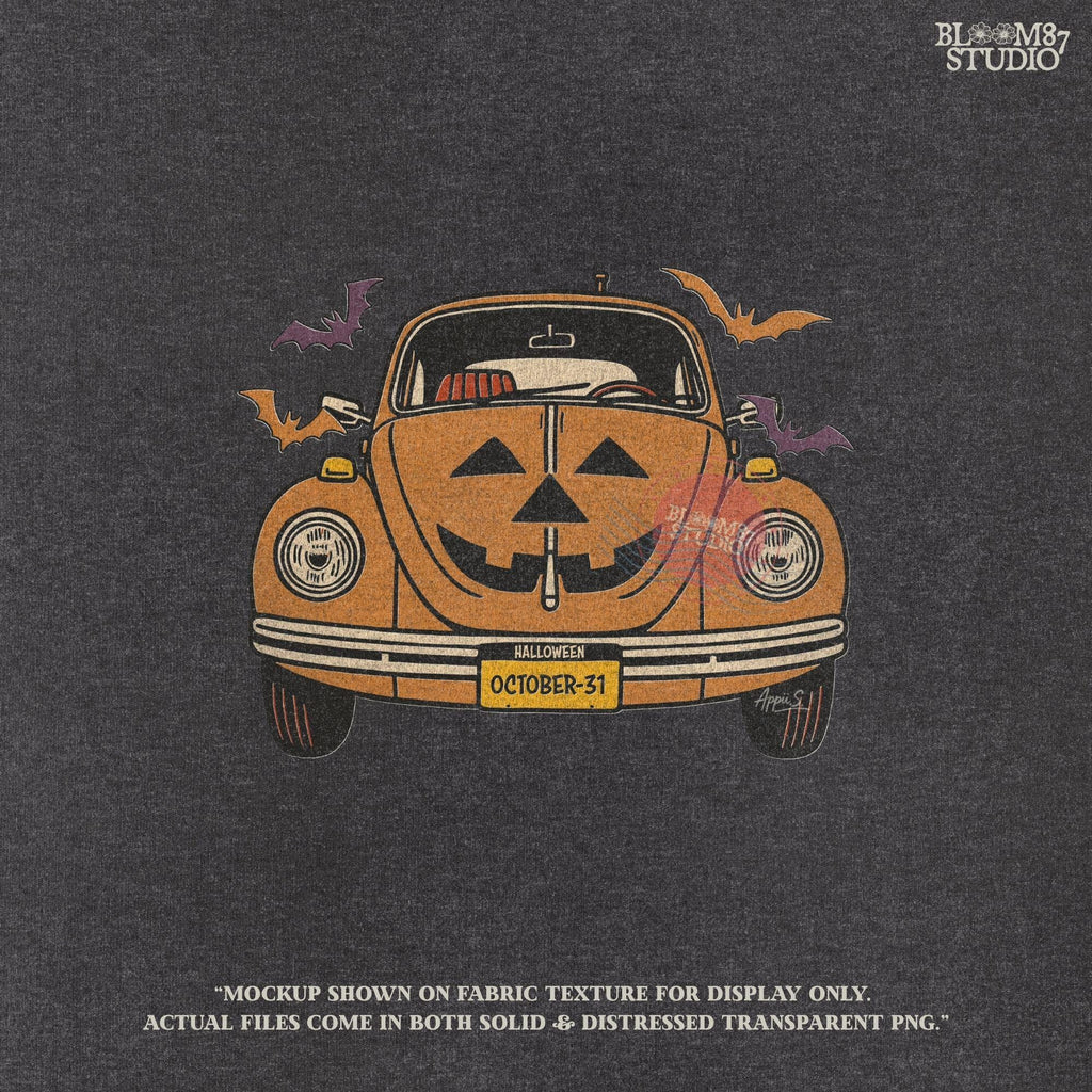 Halloween pumpkin car with Jack O’Lantern face, flying bats, and October 31 theme, retro spooky sublimation PNG design.