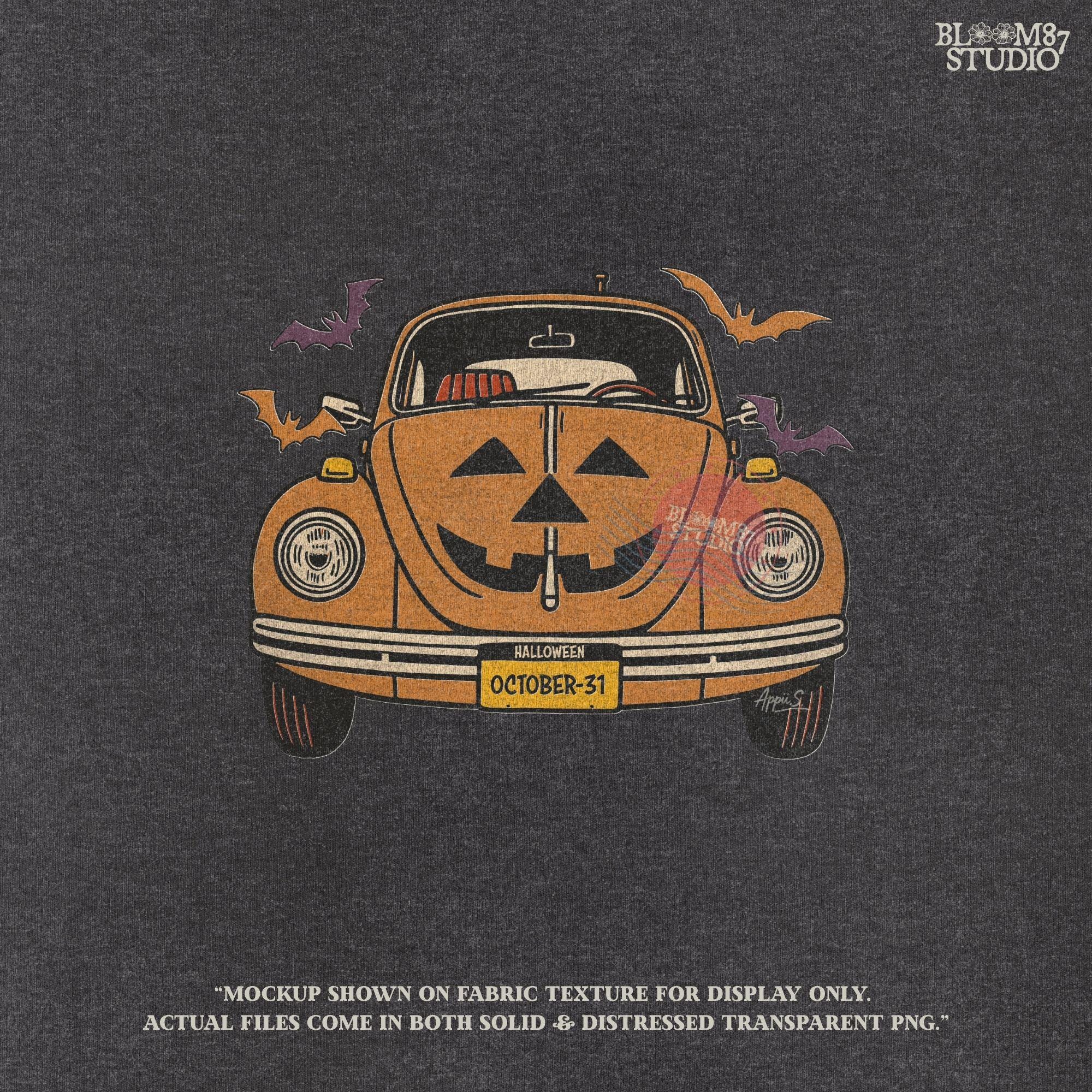 Halloween pumpkin car with Jack O’Lantern face, flying bats, and October 31 theme, retro spooky sublimation PNG design.