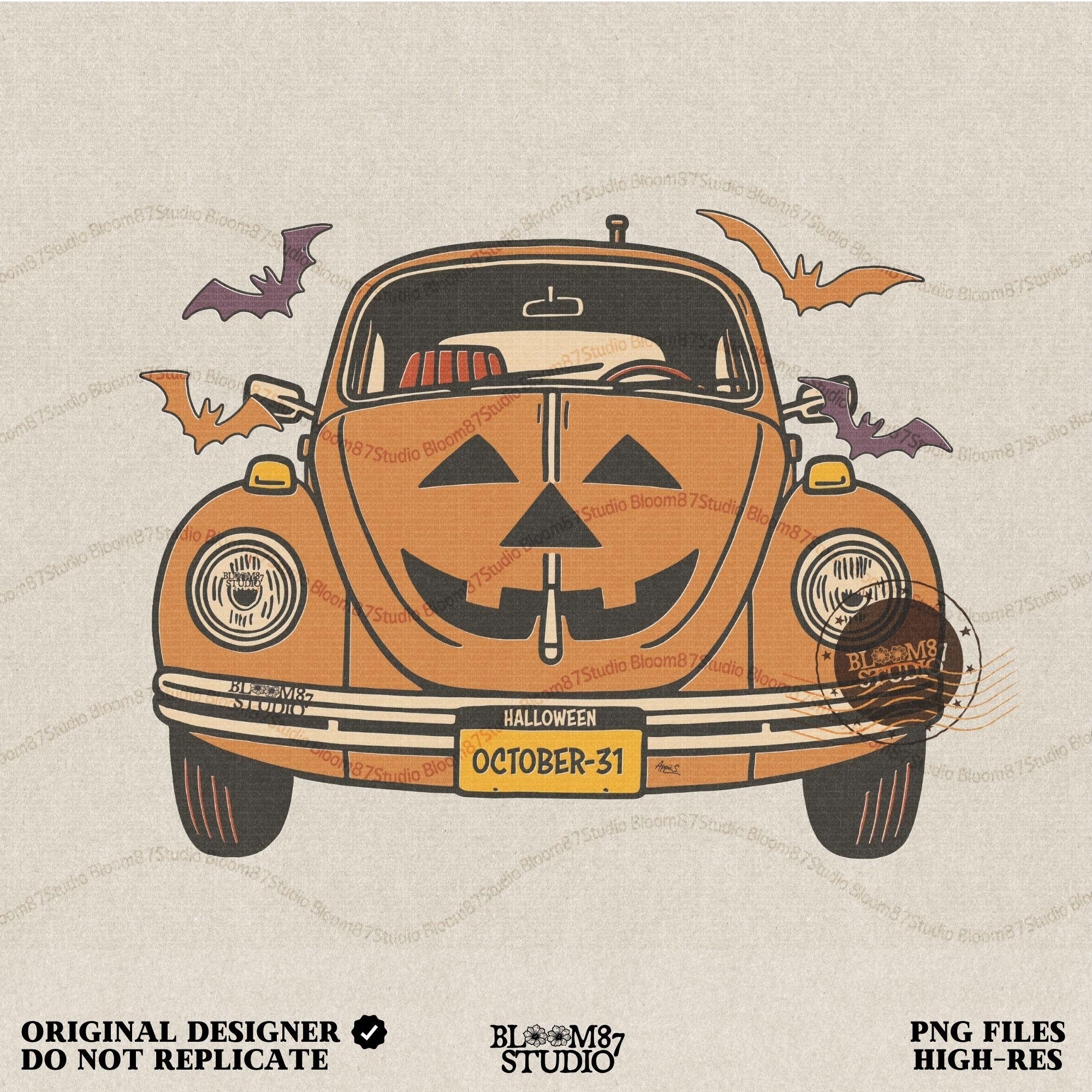 Halloween pumpkin car with Jack O’Lantern face, flying bats, and October 31 theme, retro spooky sublimation PNG design.