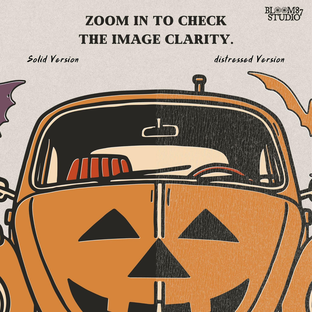 Halloween pumpkin car with Jack O’Lantern face, flying bats, and October 31 theme, retro spooky sublimation PNG design.