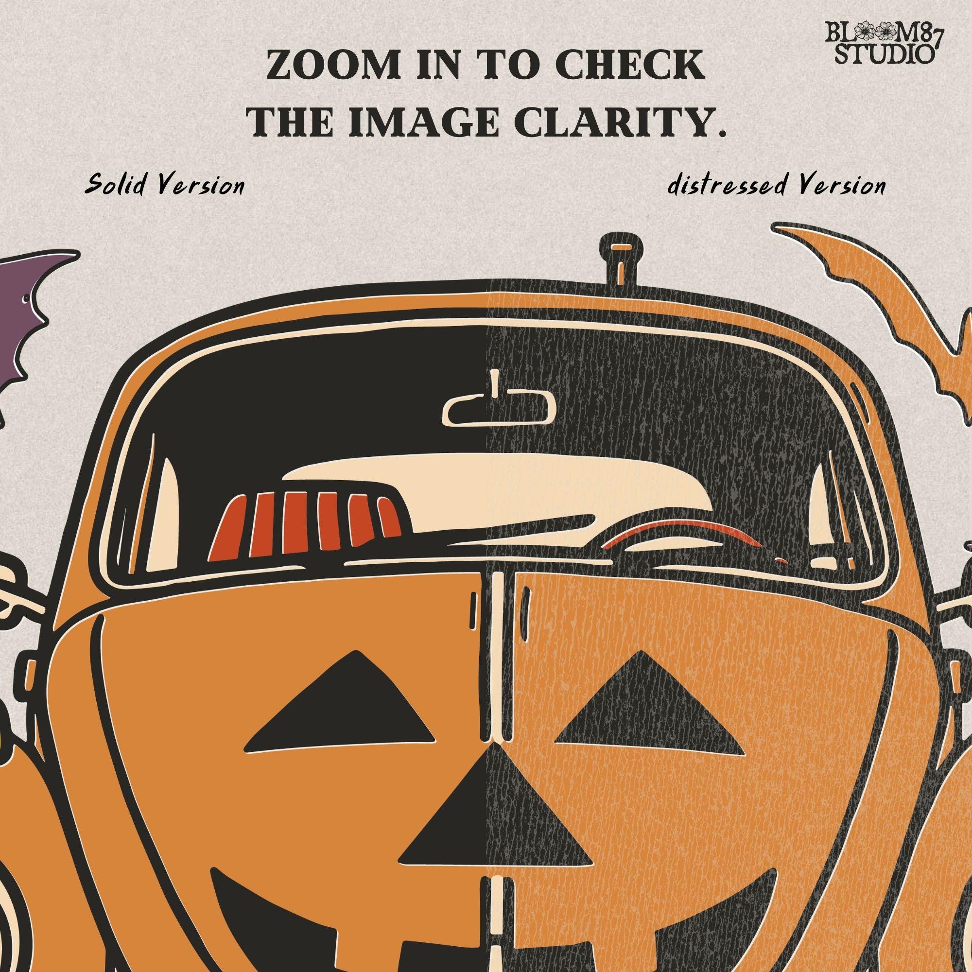 Halloween pumpkin car with Jack O’Lantern face, flying bats, and October 31 theme, retro spooky sublimation PNG design.