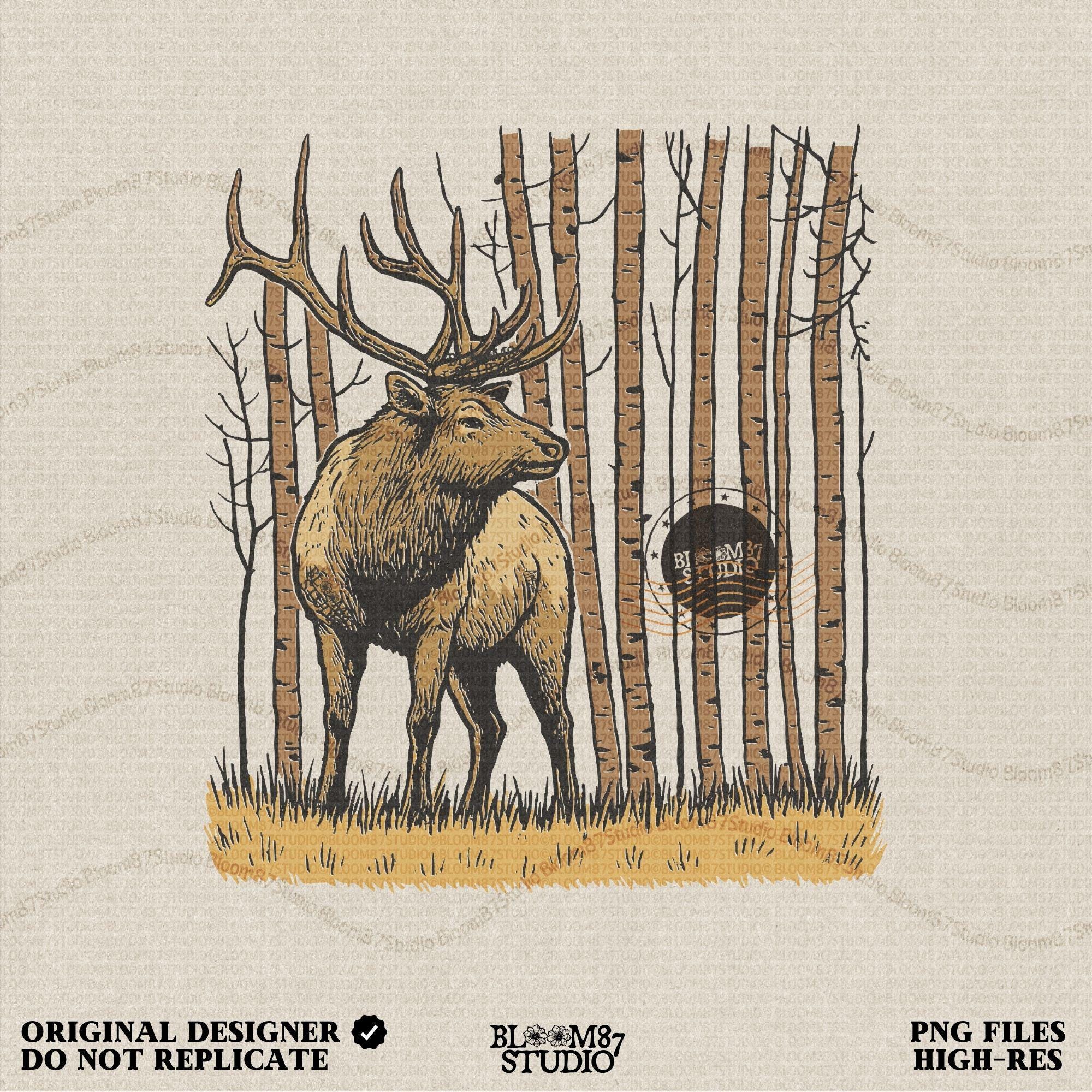 Solid version:
“Elk with large antlers standing in birch forest on grass – rustic deer sublimation PNG for hunting and outdoor crafts”

Distressed version:
“Vintage distressed elk sublimation PNG of deer with antlers in birch forest – rustic hunting and woodland shirt design”