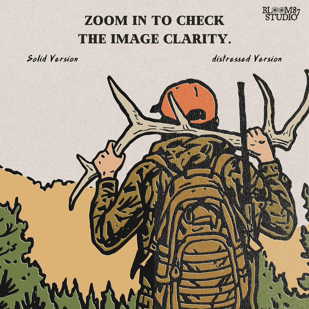 Solid version:
“Hunter carrying deer antlers on shoulders with backpack and rifle in forest – rustic hunting sublimation PNG for outdoor crafts”

Distressed version:
“Vintage distressed hunting sublimation PNG of hunter in camo with backpack and rifle carrying antlers in forest”