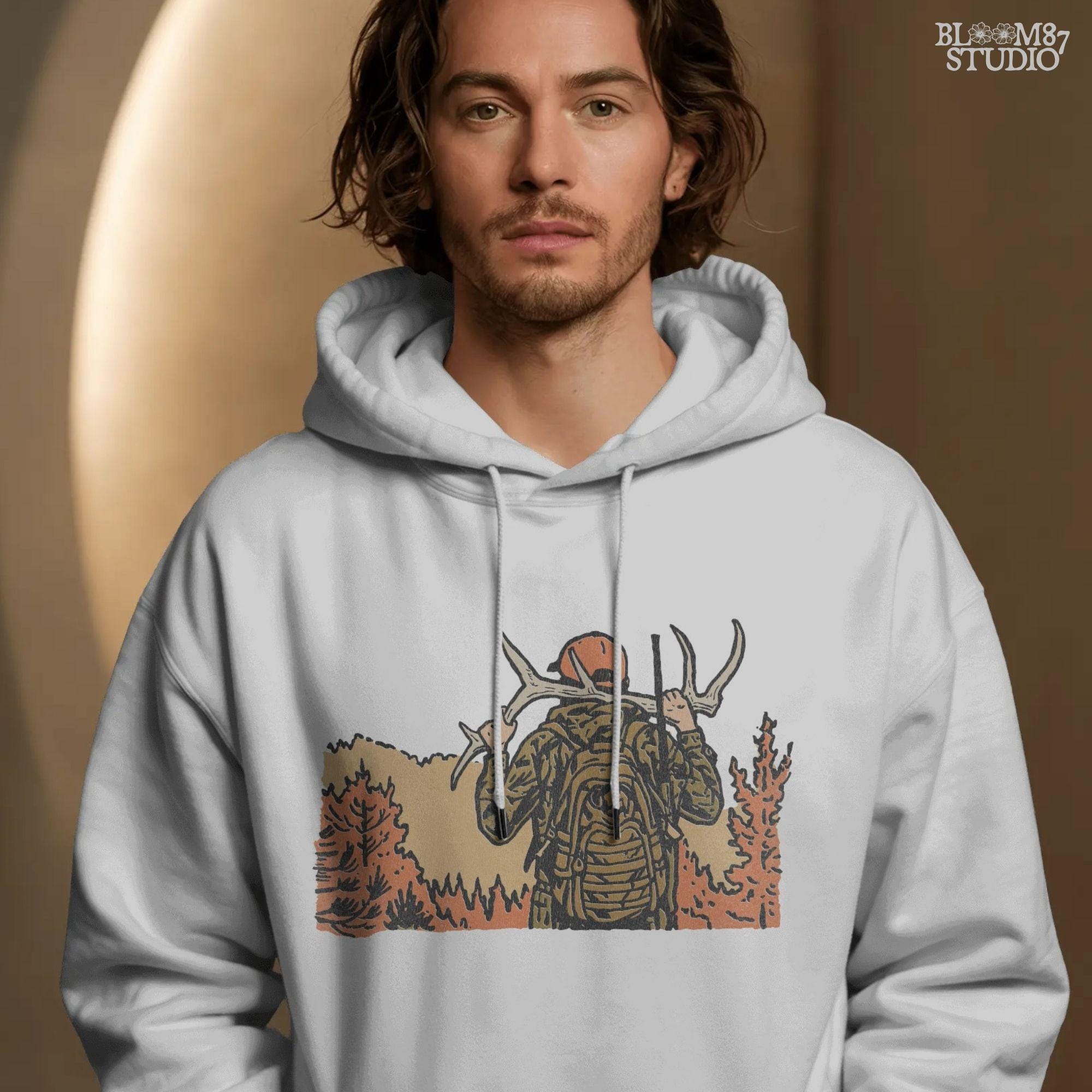 Solid version:
“Hunter carrying deer antlers with backpack in autumn forest – rustic hunting sublimation PNG for shirts and outdoor crafts”

Distressed version:
“Vintage distressed hunting sublimation PNG of hunter with antlers and backpack in autumn forest – rustic outdoor shirt design”