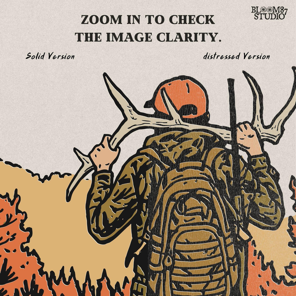 Solid version:
“Hunter carrying deer antlers with backpack in autumn forest – rustic hunting sublimation PNG for shirts and outdoor crafts”

Distressed version:
“Vintage distressed hunting sublimation PNG of hunter with antlers and backpack in autumn forest – rustic outdoor shirt design”