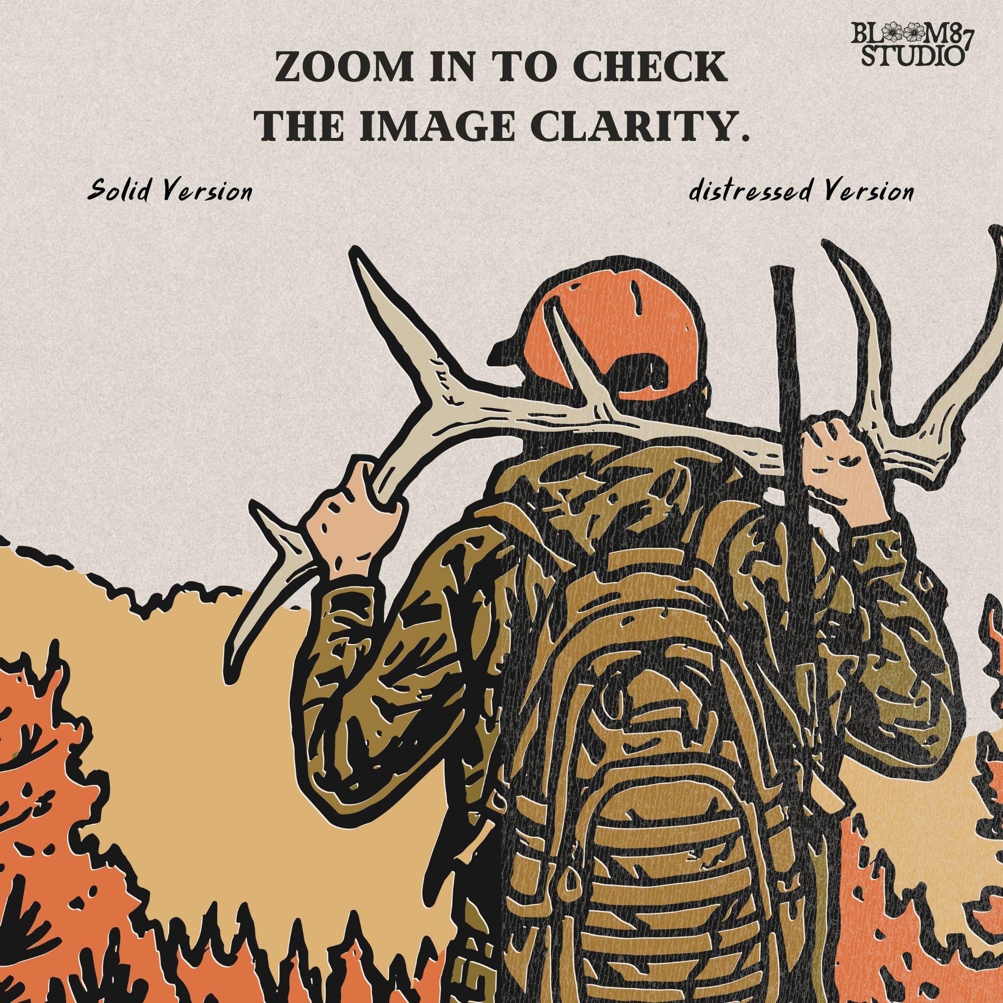 Solid version:
“Hunter carrying deer antlers with backpack in autumn forest – rustic hunting sublimation PNG for shirts and outdoor crafts”

Distressed version:
“Vintage distressed hunting sublimation PNG of hunter with antlers and backpack in autumn forest – rustic outdoor shirt design”