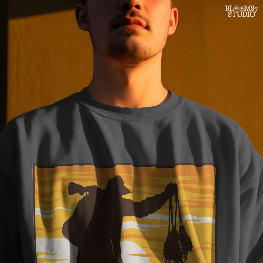 Solid version:
“Hunter with rifle carrying game birds standing beside retriever dog at sunset – rustic hunting sublimation PNG for crafts and shirts”

Distressed version:
“Vintage distressed hunting sublimation PNG of hunter with rifle and retriever dog holding game birds at sunset – rustic outdoor shirt design”