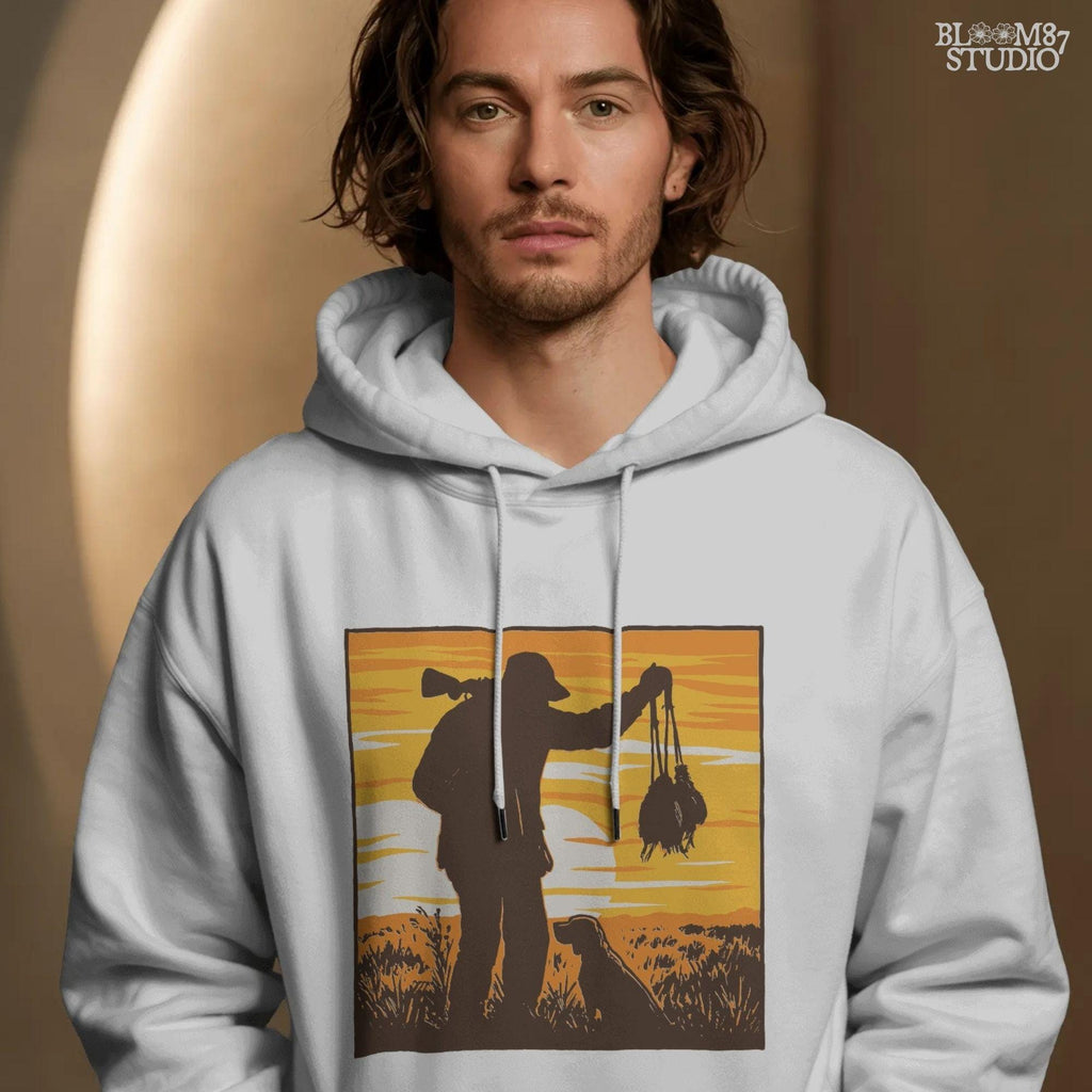 Solid version:
“Hunter with rifle carrying game birds standing beside retriever dog at sunset – rustic hunting sublimation PNG for crafts and shirts”

Distressed version:
“Vintage distressed hunting sublimation PNG of hunter with rifle and retriever dog holding game birds at sunset – rustic outdoor shirt design”