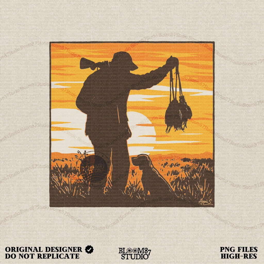 Solid version:
“Hunter with rifle carrying game birds standing beside retriever dog at sunset – rustic hunting sublimation PNG for crafts and shirts”

Distressed version:
“Vintage distressed hunting sublimation PNG of hunter with rifle and retriever dog holding game birds at sunset – rustic outdoor shirt design”