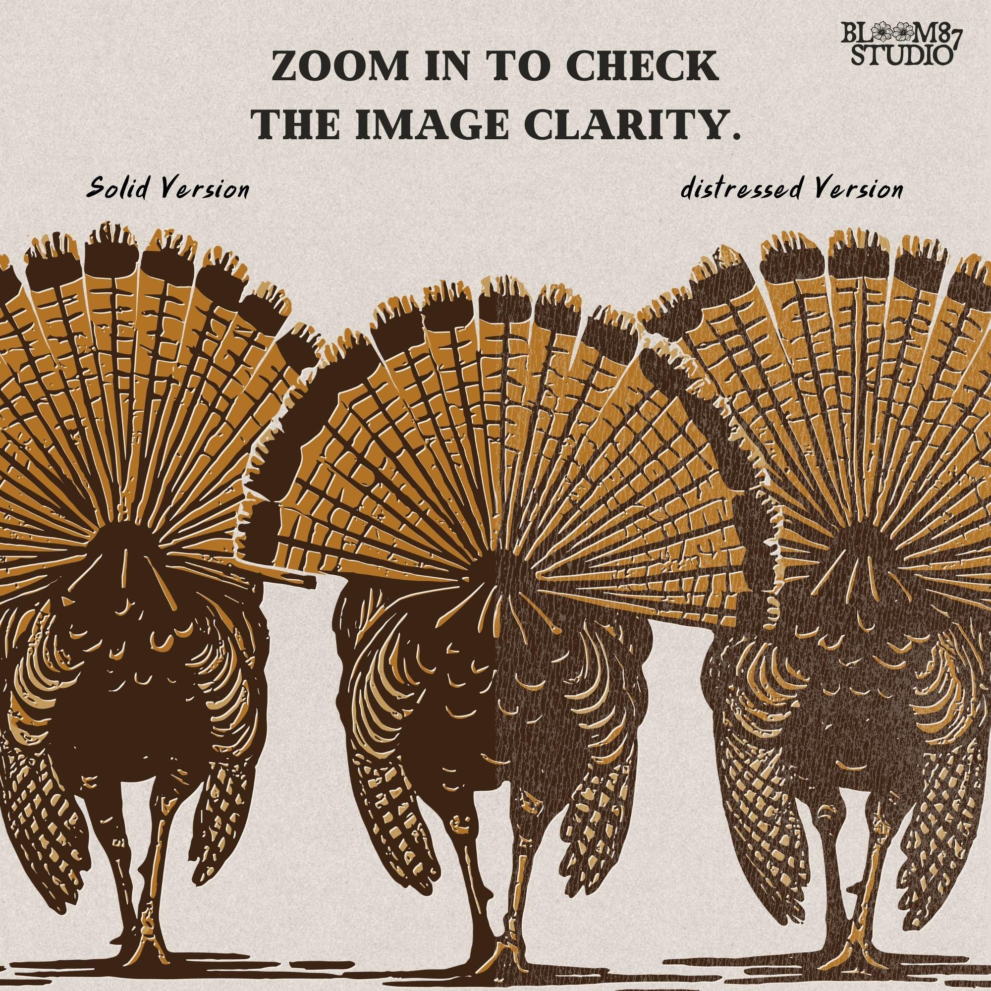 Solid version:
“Three wild turkeys with large tail feathers displayed – rustic turkey sublimation PNG for farmhouse crafts and hunting designs”

Distressed version:
“Vintage distressed turkey sublimation PNG of three wild turkeys with tail feathers fanned out – rustic hunting and farmhouse shirt design”