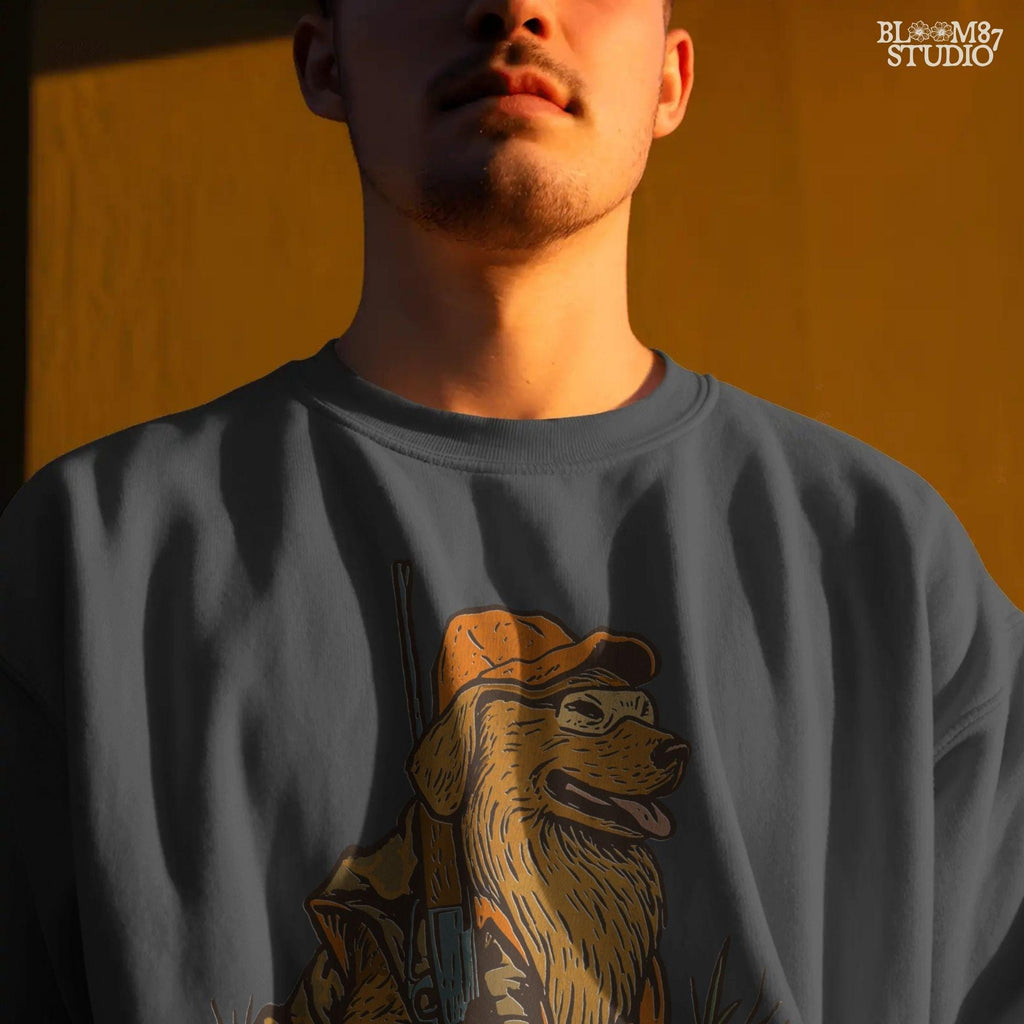 Solid version:
“Golden retriever hunting dog wearing orange camo with rifle sitting in tall grass – rustic hunting sublimation PNG for crafts and shirts”

Distressed version:
“Vintage distressed hunting sublimation PNG of golden retriever dog in orange camo with rifle sitting in tall grass – rustic outdoor shirt design”