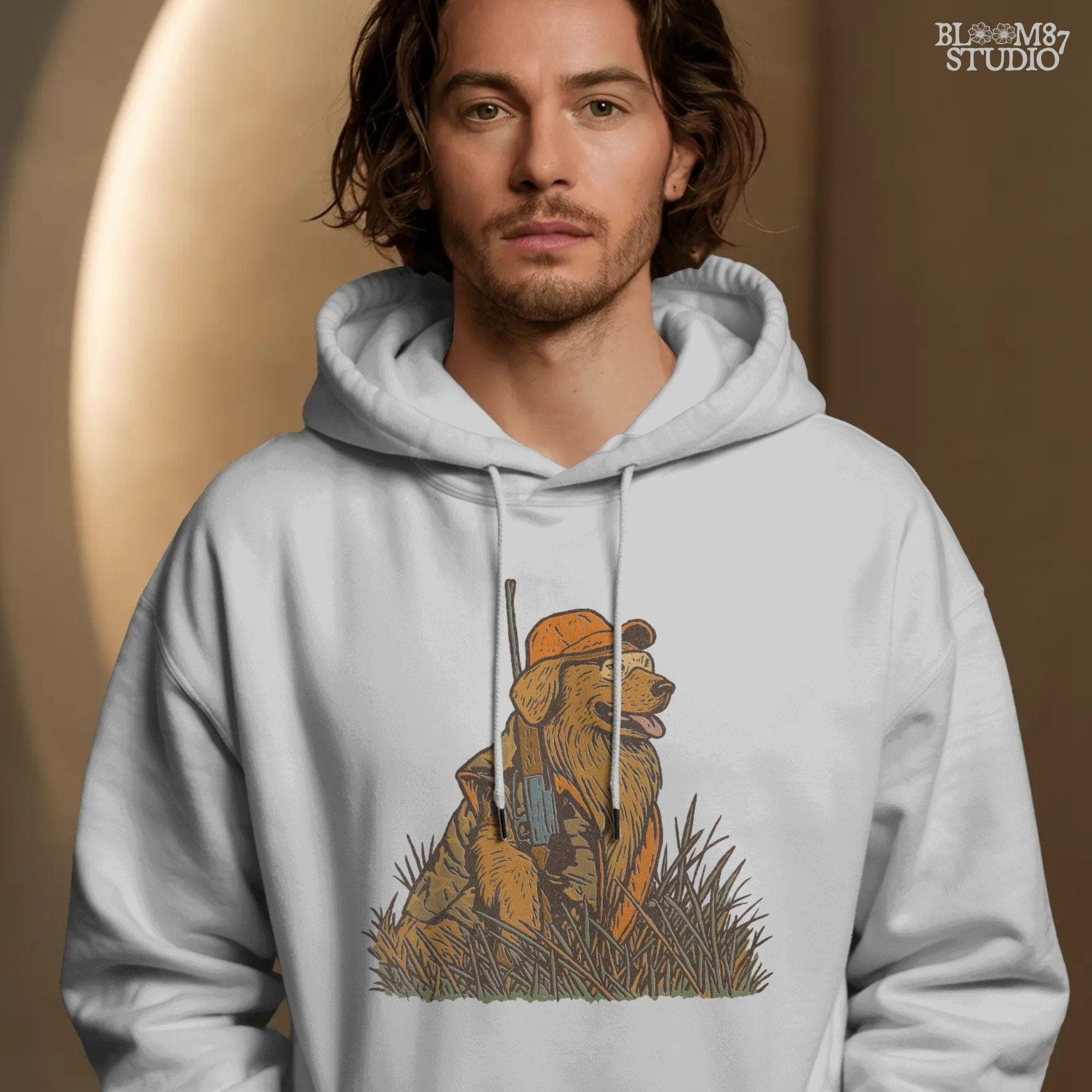 Solid version:
“Golden retriever hunting dog wearing orange camo with rifle sitting in tall grass – rustic hunting sublimation PNG for crafts and shirts”

Distressed version:
“Vintage distressed hunting sublimation PNG of golden retriever dog in orange camo with rifle sitting in tall grass – rustic outdoor shirt design”