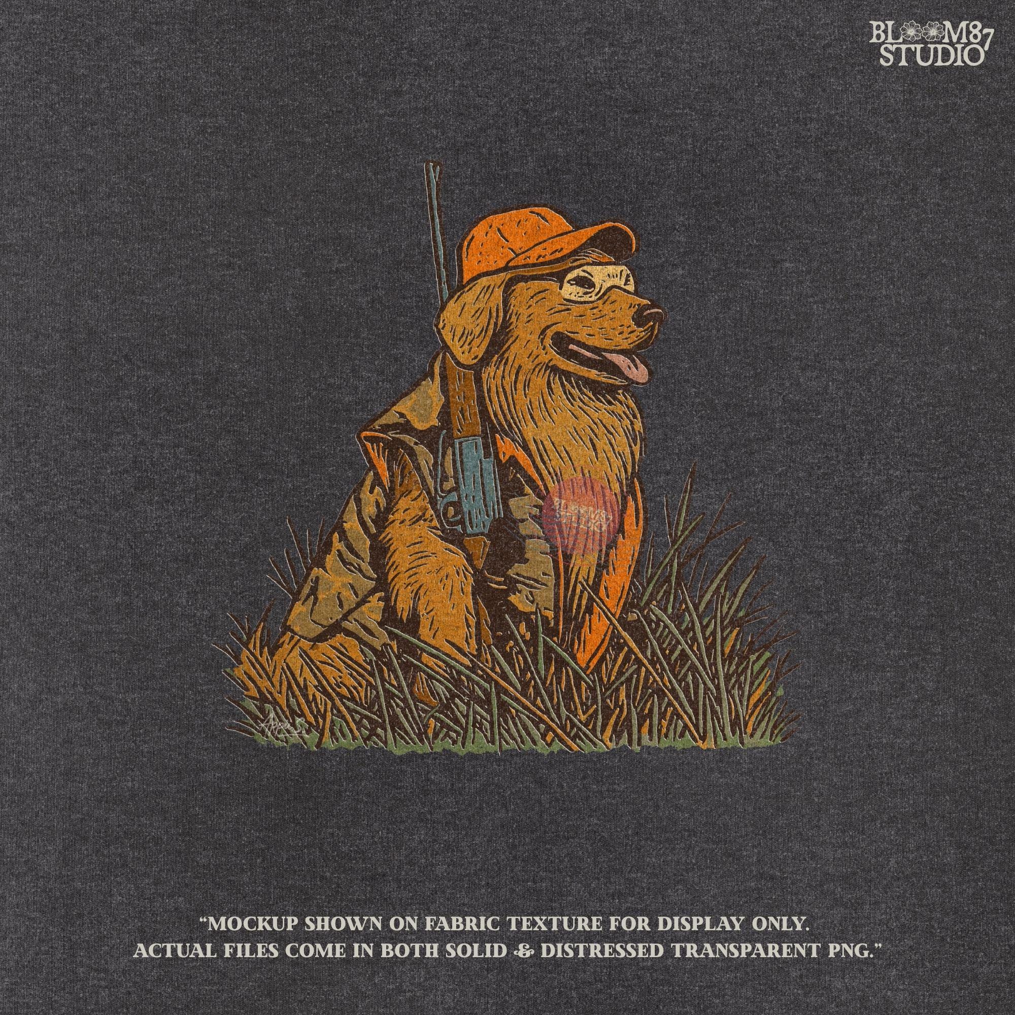 Solid version:
“Golden retriever hunting dog wearing orange camo with rifle sitting in tall grass – rustic hunting sublimation PNG for crafts and shirts”

Distressed version:
“Vintage distressed hunting sublimation PNG of golden retriever dog in orange camo with rifle sitting in tall grass – rustic outdoor shirt design”