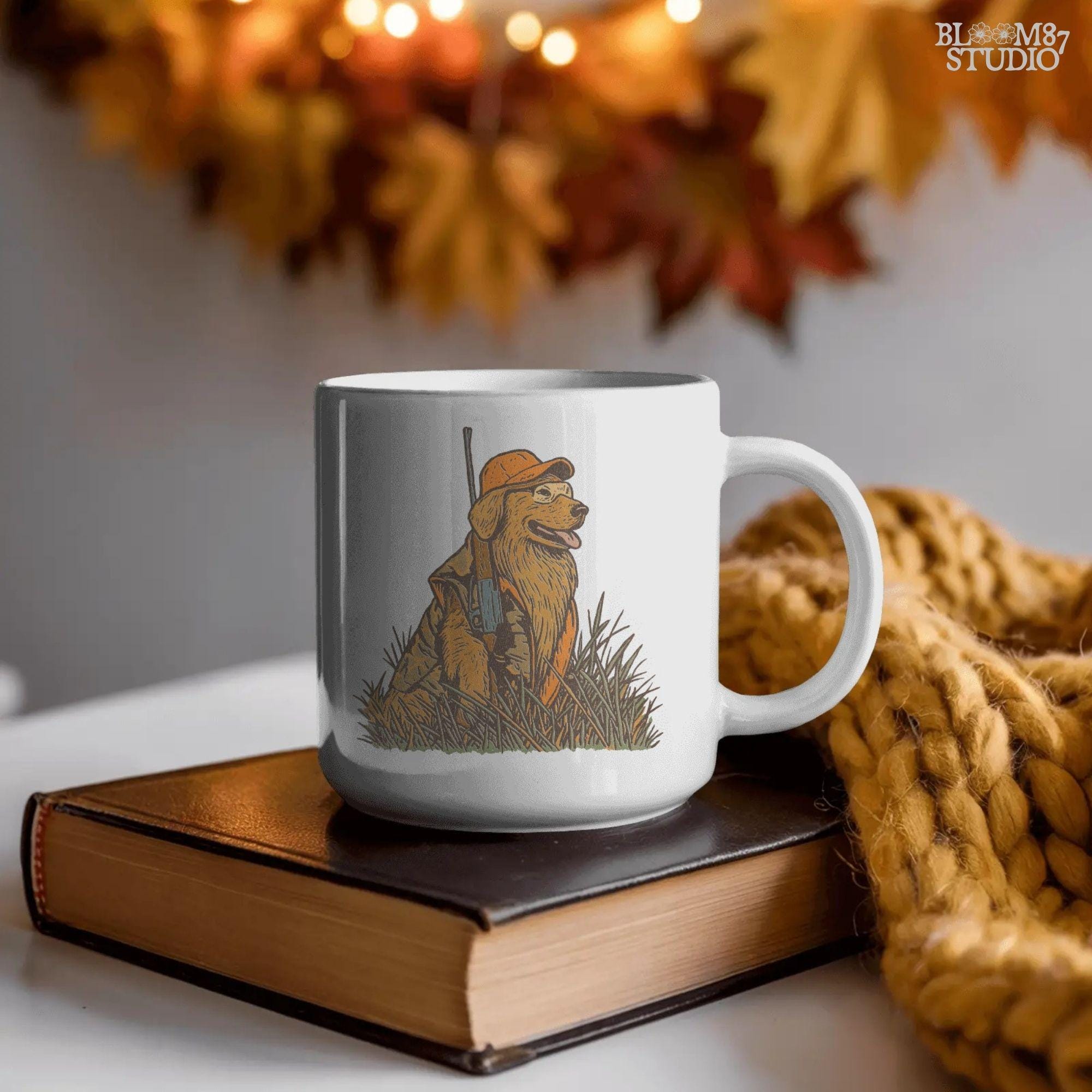 Solid version:
“Golden retriever hunting dog wearing orange camo with rifle sitting in tall grass – rustic hunting sublimation PNG for crafts and shirts”

Distressed version:
“Vintage distressed hunting sublimation PNG of golden retriever dog in orange camo with rifle sitting in tall grass – rustic outdoor shirt design”