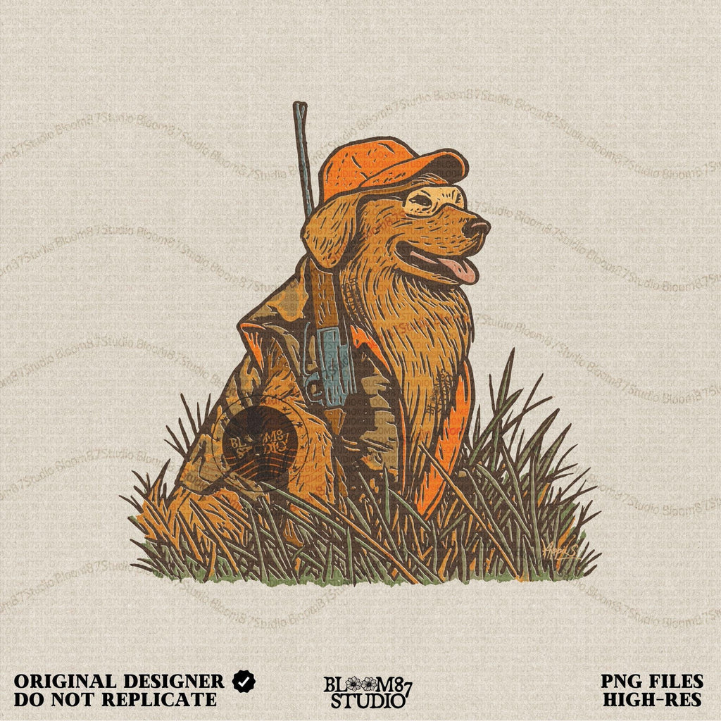 Solid version:
“Golden retriever hunting dog wearing orange camo with rifle sitting in tall grass – rustic hunting sublimation PNG for crafts and shirts”

Distressed version:
“Vintage distressed hunting sublimation PNG of golden retriever dog in orange camo with rifle sitting in tall grass – rustic outdoor shirt design”