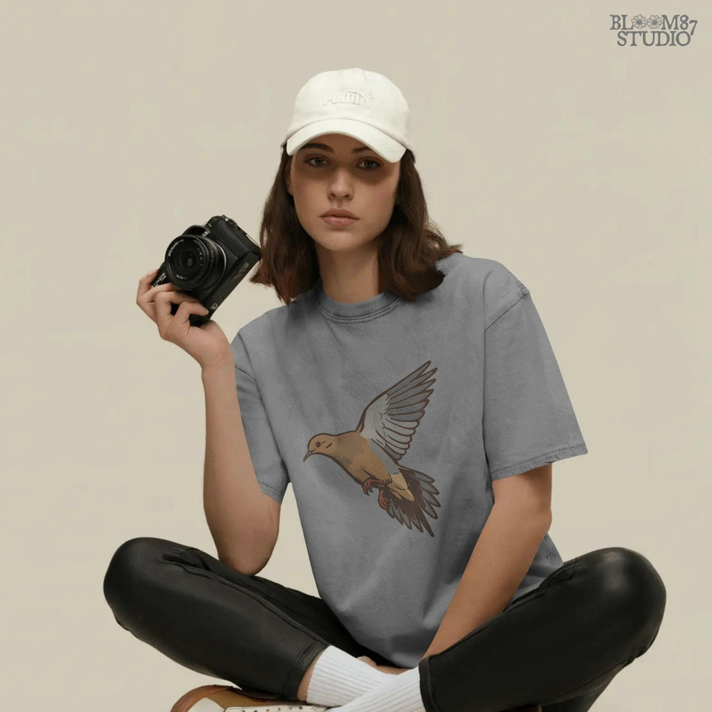 Illustration of a flying mourning dove with spread wings, rustic hunting and wildlife sublimation PNG design.