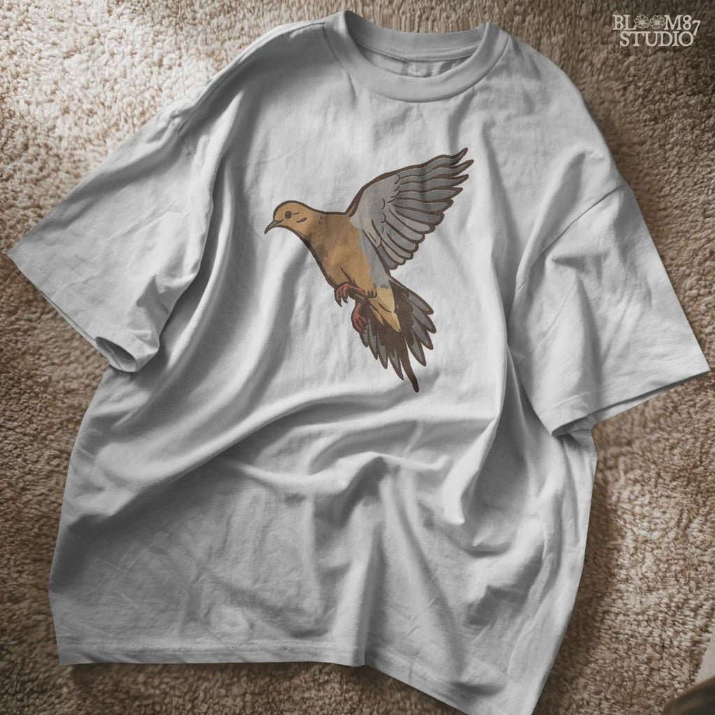 Illustration of a flying mourning dove with spread wings, rustic hunting and wildlife sublimation PNG design.