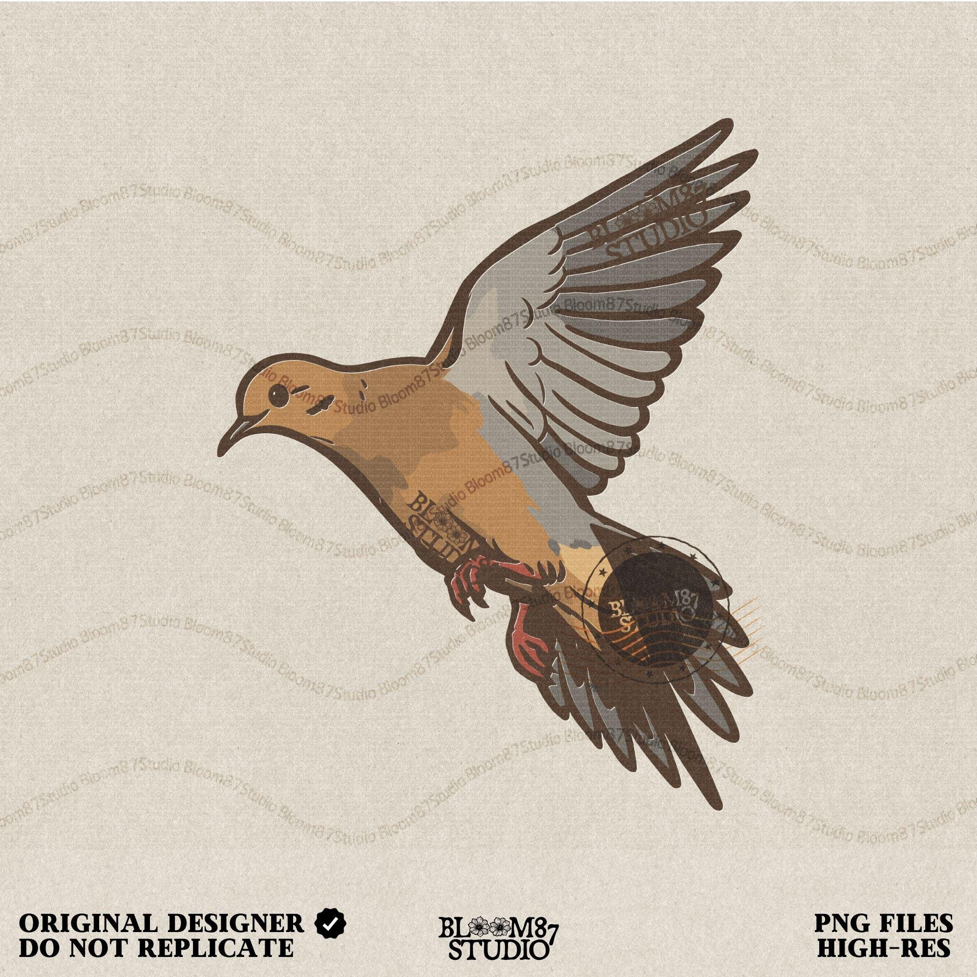Illustration of a flying mourning dove with spread wings, rustic hunting and wildlife sublimation PNG design.