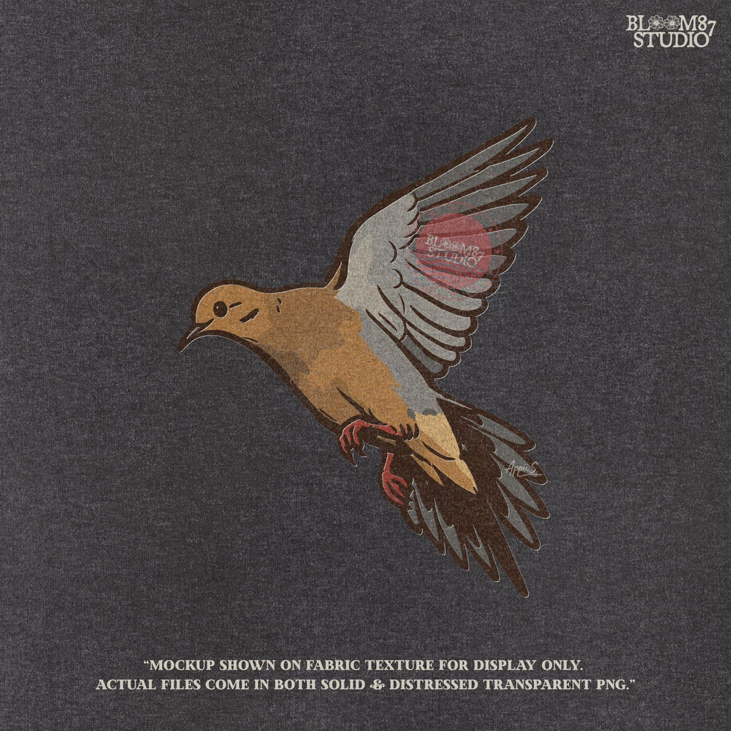 Illustration of a flying mourning dove with spread wings, rustic hunting and wildlife sublimation PNG design.