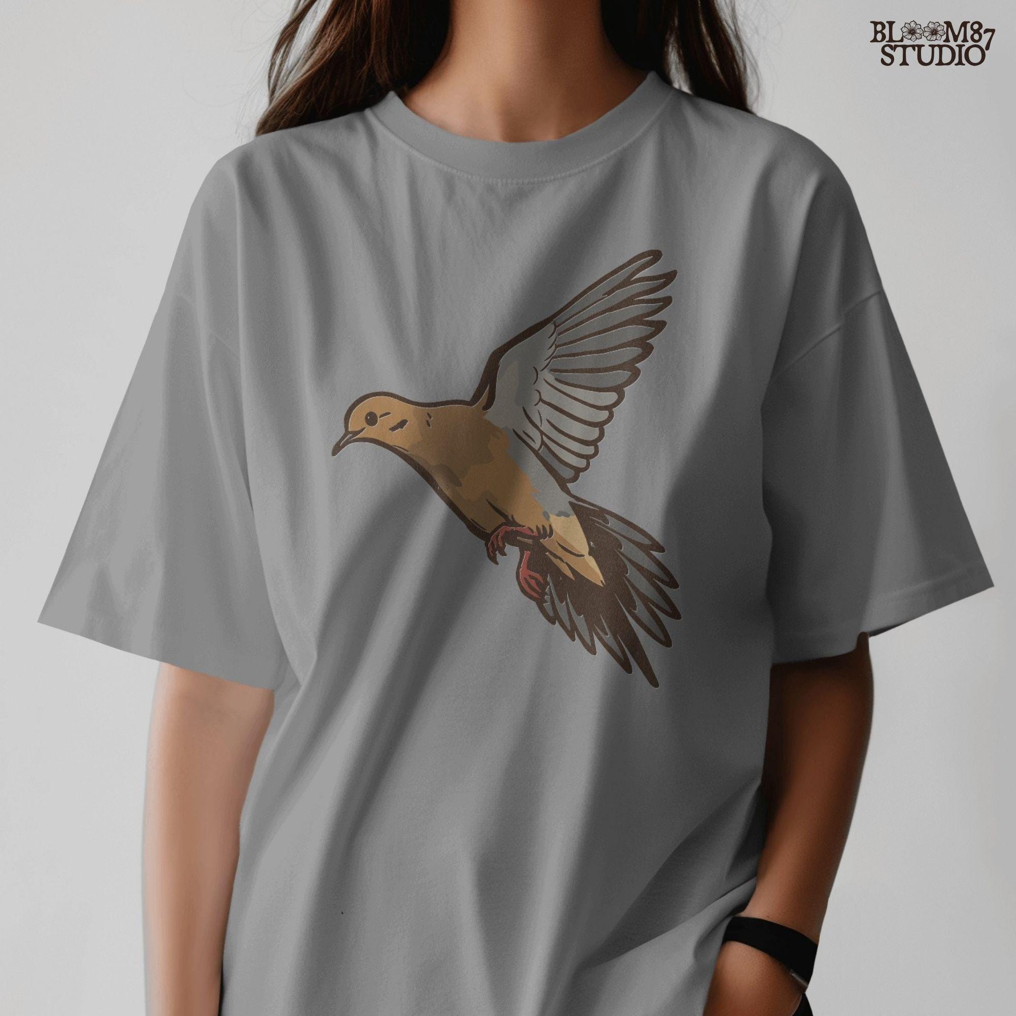 Illustration of a flying mourning dove with spread wings, rustic hunting and wildlife sublimation PNG design.