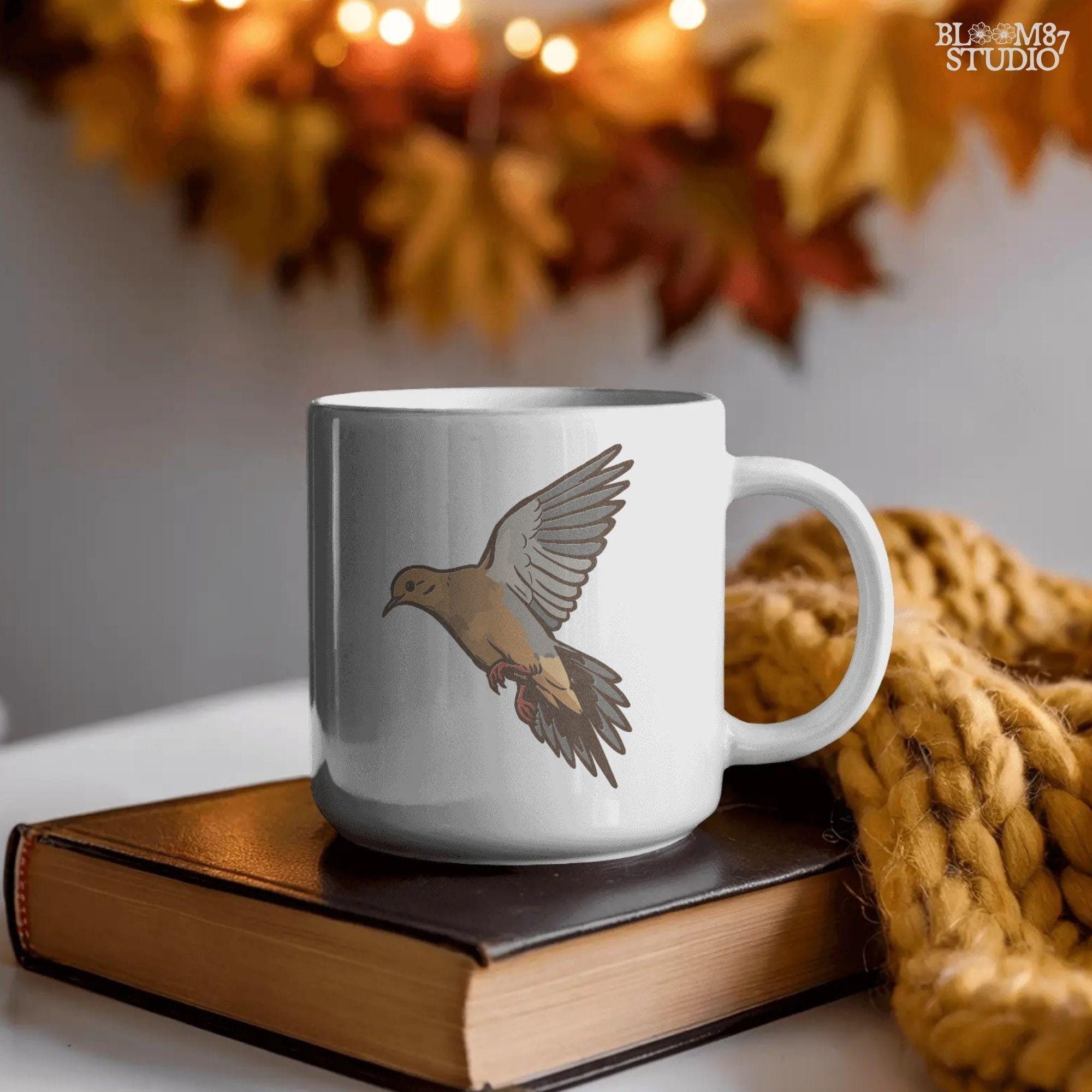 Illustration of a flying mourning dove with spread wings, rustic hunting and wildlife sublimation PNG design.