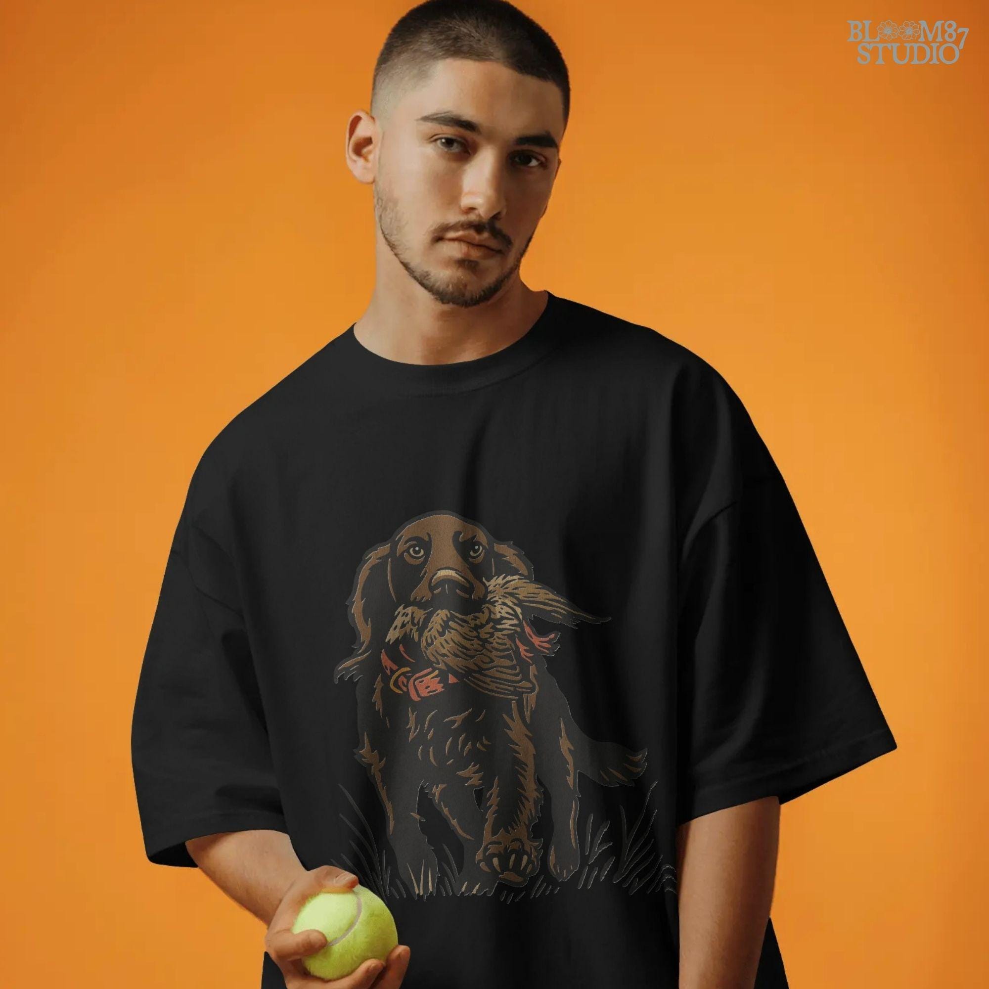 Illustration of a hunting retriever dog carrying a game bird in its mouth, rustic upland hunting sublimation PNG design.