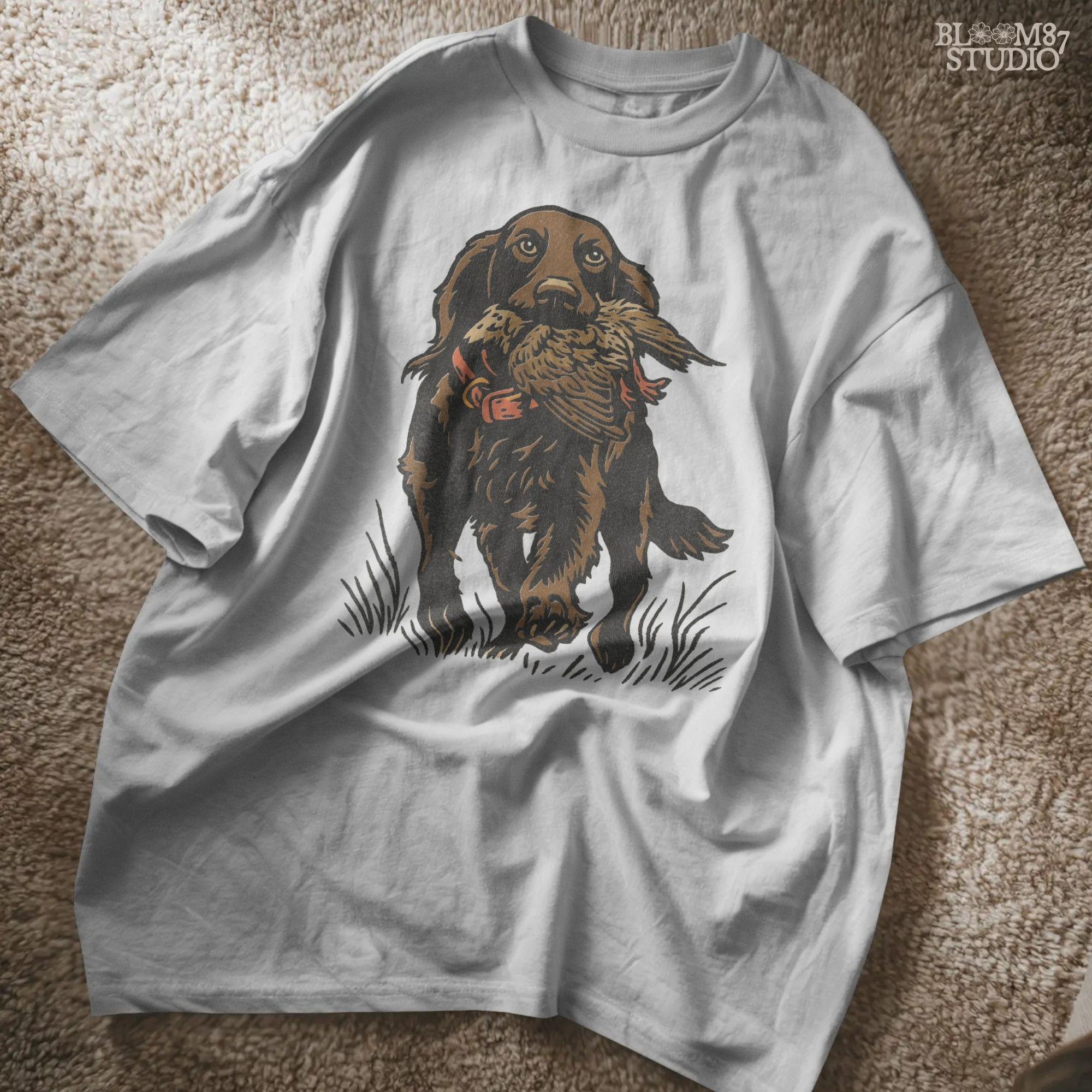 Illustration of a hunting retriever dog carrying a game bird in its mouth, rustic upland hunting sublimation PNG design.