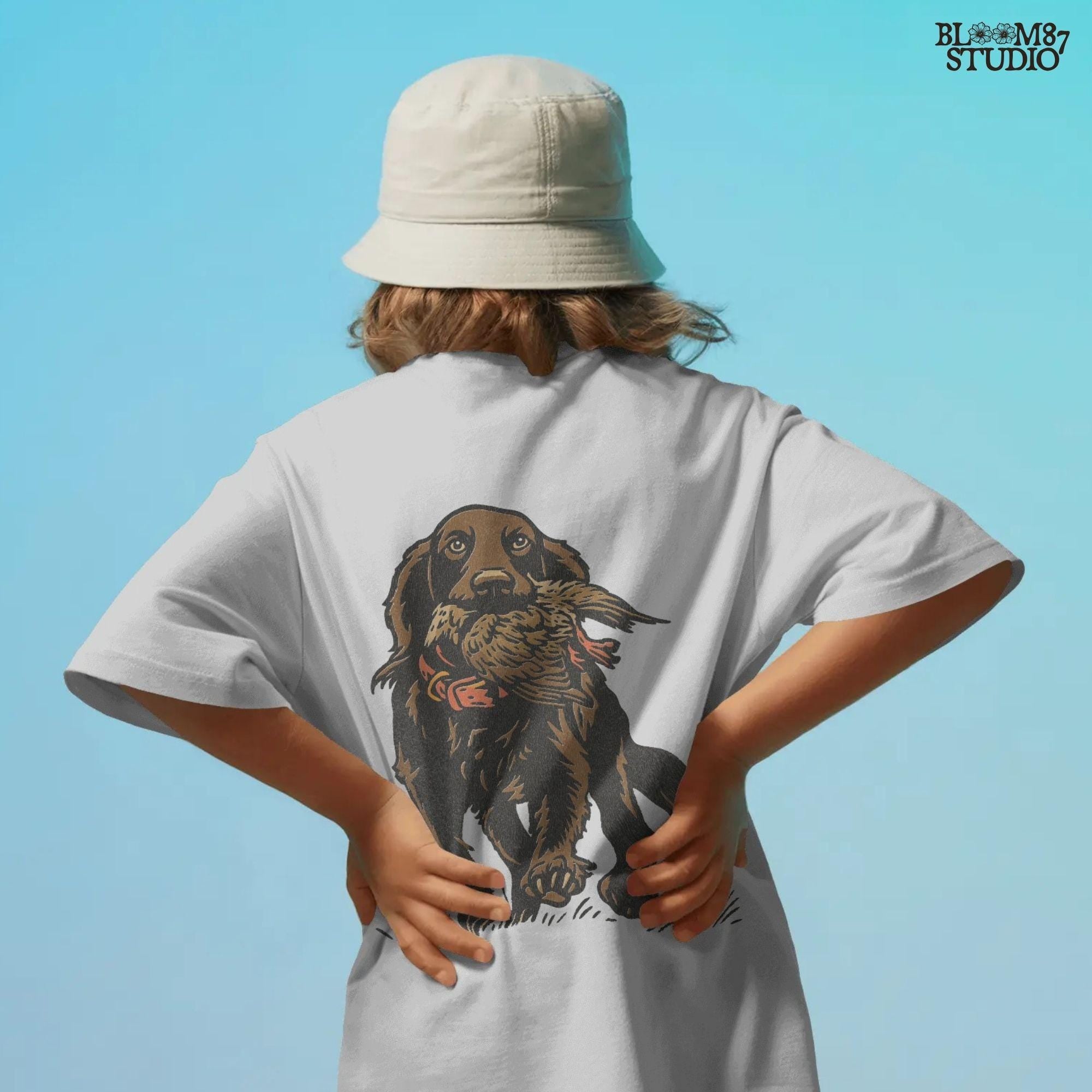 Illustration of a hunting retriever dog carrying a game bird in its mouth, rustic upland hunting sublimation PNG design.