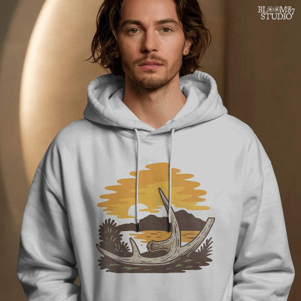 Solid version:
“Deer shed antlers on ground with fall sunset, mountains, and lake – rustic autumn antler sublimation PNG for shirts and crafts”

Distressed version:
“Vintage distressed sublimation PNG of deer shed antlers at autumn sunset by mountains and lake – rustic hunting season design”