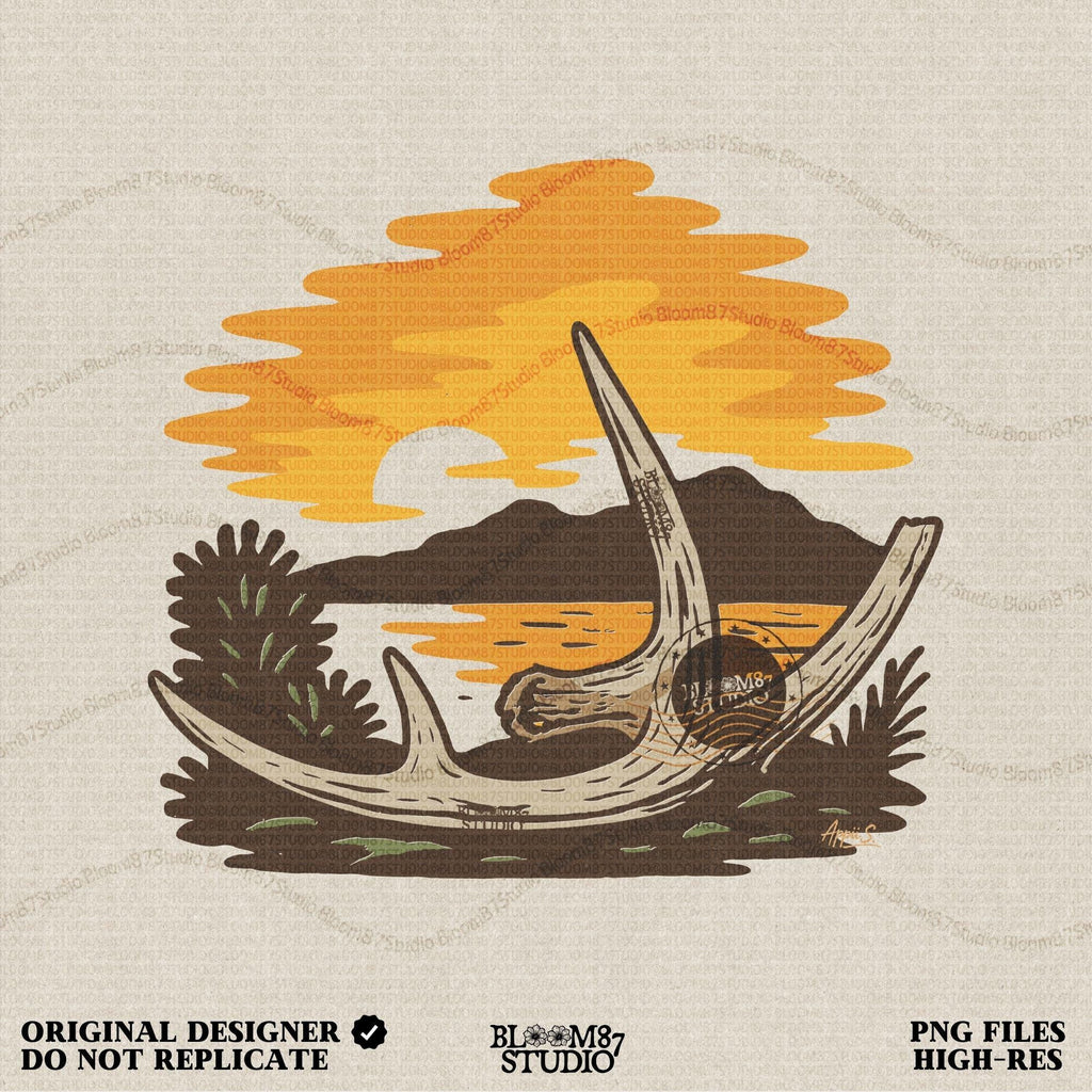 Solid version:
“Deer shed antlers on ground with fall sunset, mountains, and lake – rustic autumn antler sublimation PNG for shirts and crafts”

Distressed version:
“Vintage distressed sublimation PNG of deer shed antlers at autumn sunset by mountains and lake – rustic hunting season design”