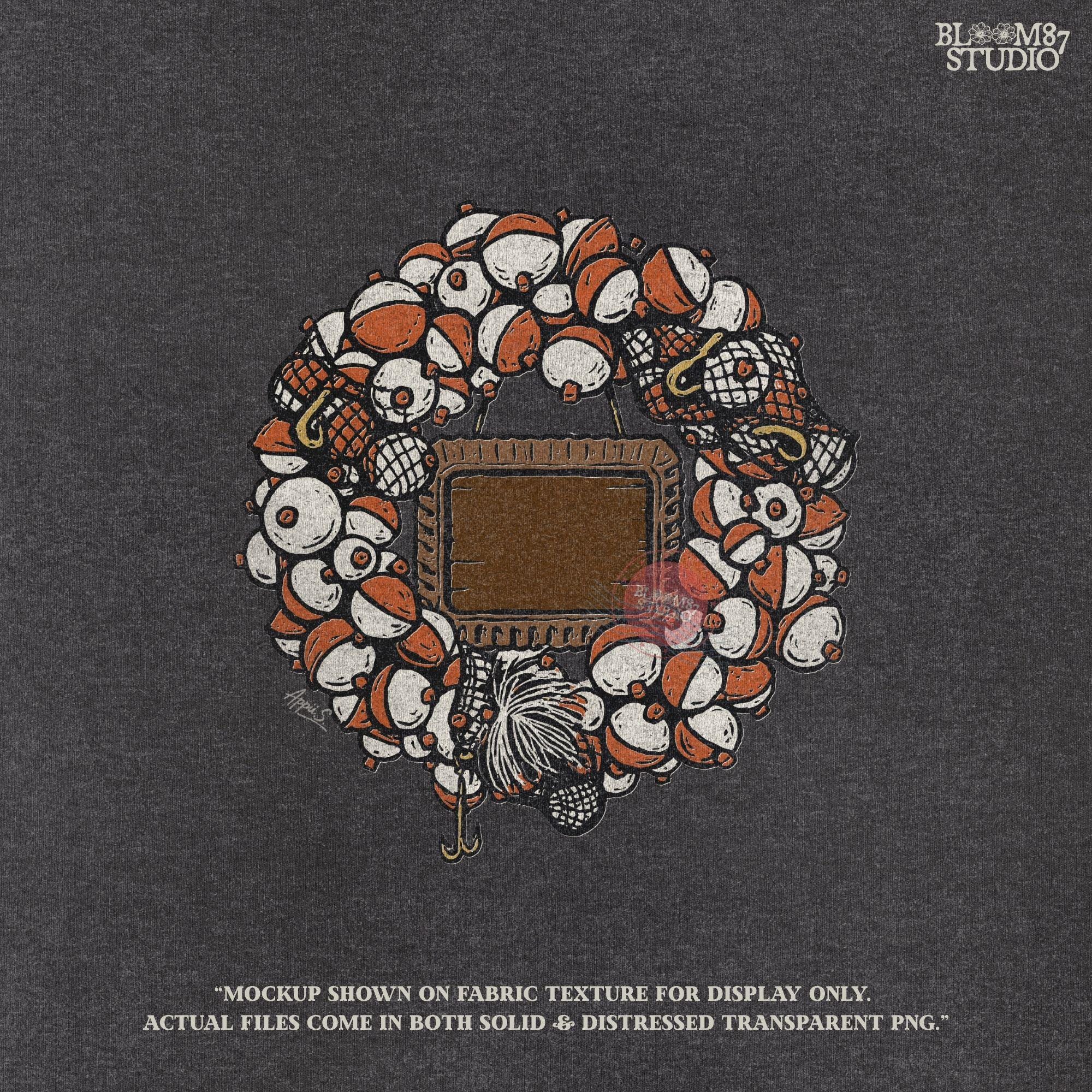 Solid version:
“Christmas fishing wreath made of bobbers, hooks, and tackle with blank wooden sign – rustic holiday sublimation PNG for shirts and crafts”

Distressed version:
“Vintage distressed Christmas fishing wreath sublimation PNG of bobbers and tackle with blank sign – rustic holiday lodge décor design”