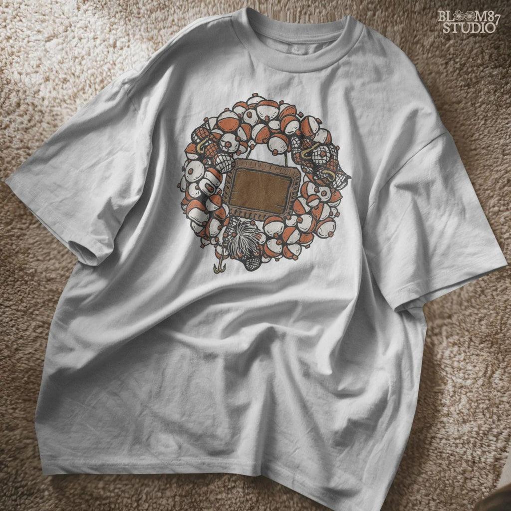 Solid version:
“Christmas fishing wreath made of bobbers, hooks, and tackle with blank wooden sign – rustic holiday sublimation PNG for shirts and crafts”

Distressed version:
“Vintage distressed Christmas fishing wreath sublimation PNG of bobbers and tackle with blank sign – rustic holiday lodge décor design”