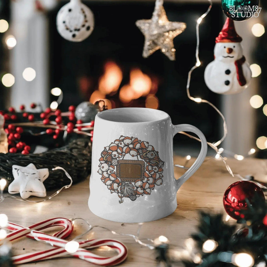 Solid version:
“Christmas fishing wreath made of bobbers, hooks, and tackle with blank wooden sign – rustic holiday sublimation PNG for shirts and crafts”

Distressed version:
“Vintage distressed Christmas fishing wreath sublimation PNG of bobbers and tackle with blank sign – rustic holiday lodge décor design”