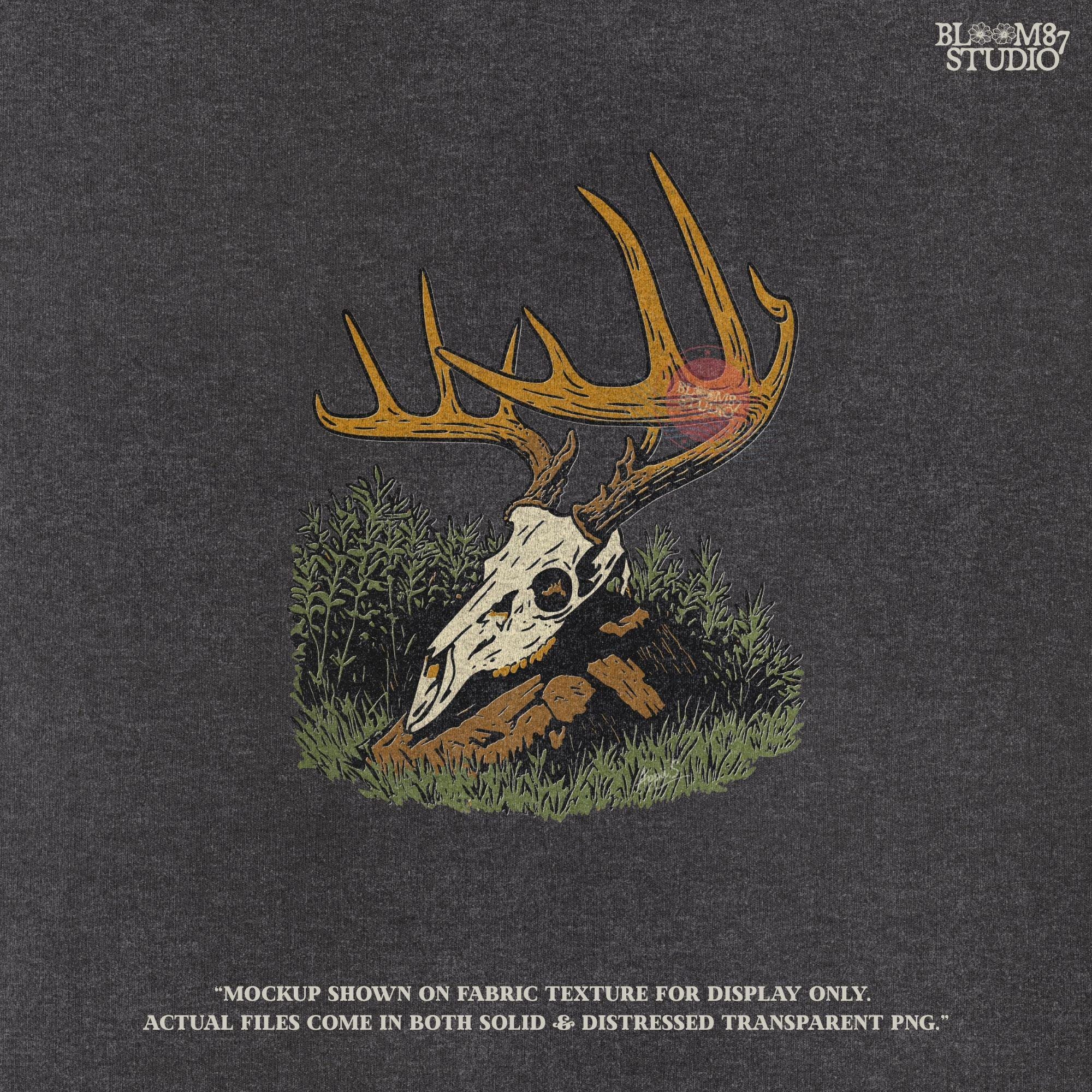 Solid version:
“Deer skull with large antlers resting in grass and rocks – rustic hunting sublimation PNG for crafts and lodge décor”

Distressed version:
“Vintage distressed sublimation PNG of deer skull with antlers in grass – rustic hunting and outdoor lodge shirt design”