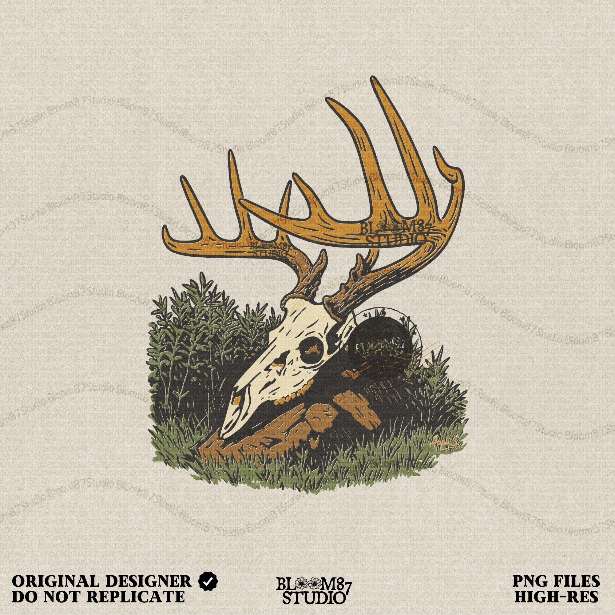 Solid version:
“Deer skull with large antlers resting in grass and rocks – rustic hunting sublimation PNG for crafts and lodge décor”

Distressed version:
“Vintage distressed sublimation PNG of deer skull with antlers in grass – rustic hunting and outdoor lodge shirt design”