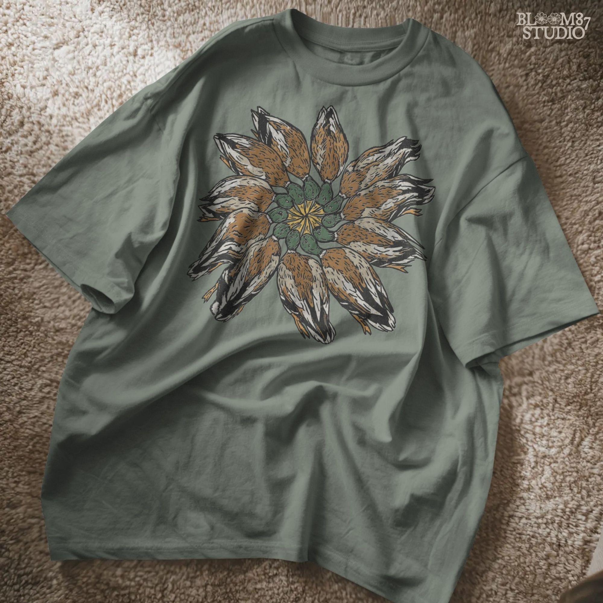 Solid version:
“Harvested ducks arranged in a circle graphic – duck hunting sublimation PNG for rustic lodge décor and outdoor crafts”

Distressed version:
“Vintage distressed sublimation PNG of hunted ducks displayed in circular pattern – rustic hunting lodge and fall season design”