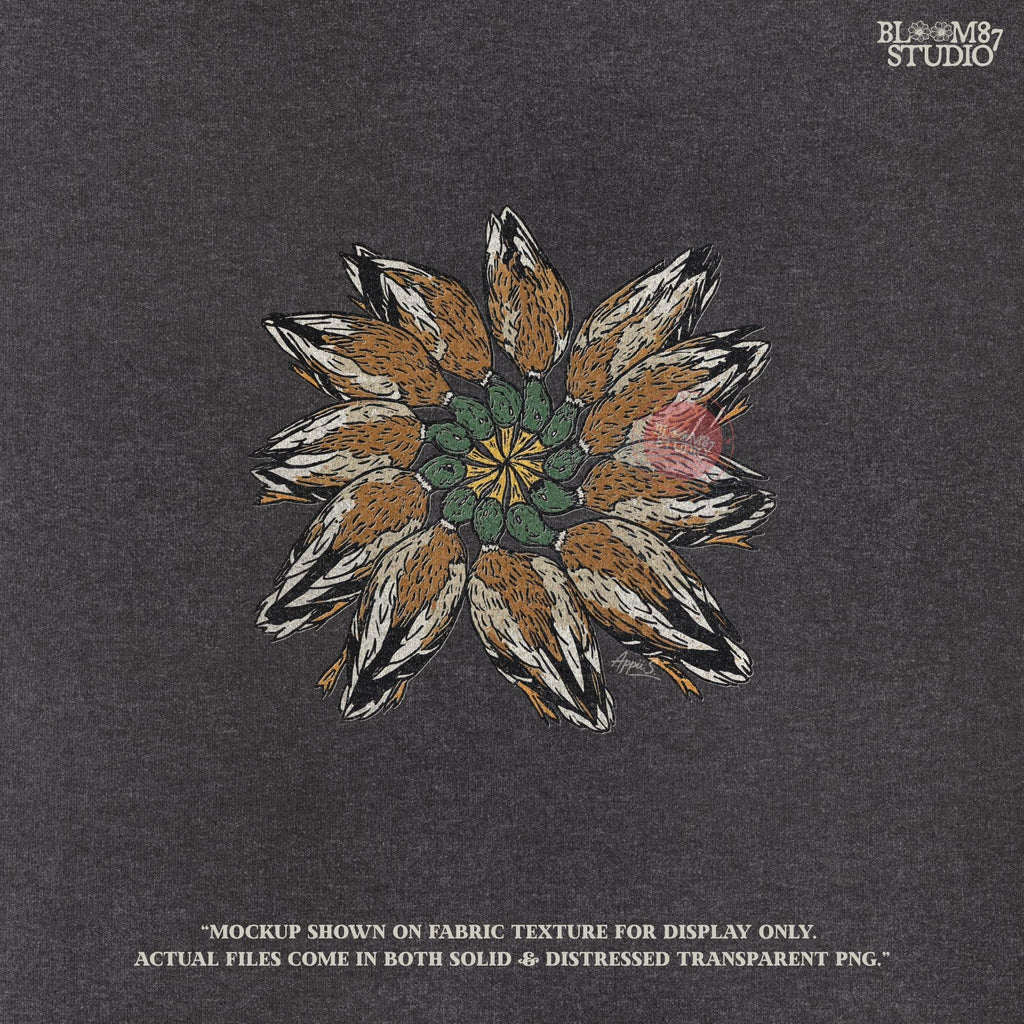 Solid version:
“Harvested ducks arranged in a circle graphic – duck hunting sublimation PNG for rustic lodge décor and outdoor crafts”

Distressed version:
“Vintage distressed sublimation PNG of hunted ducks displayed in circular pattern – rustic hunting lodge and fall season design”