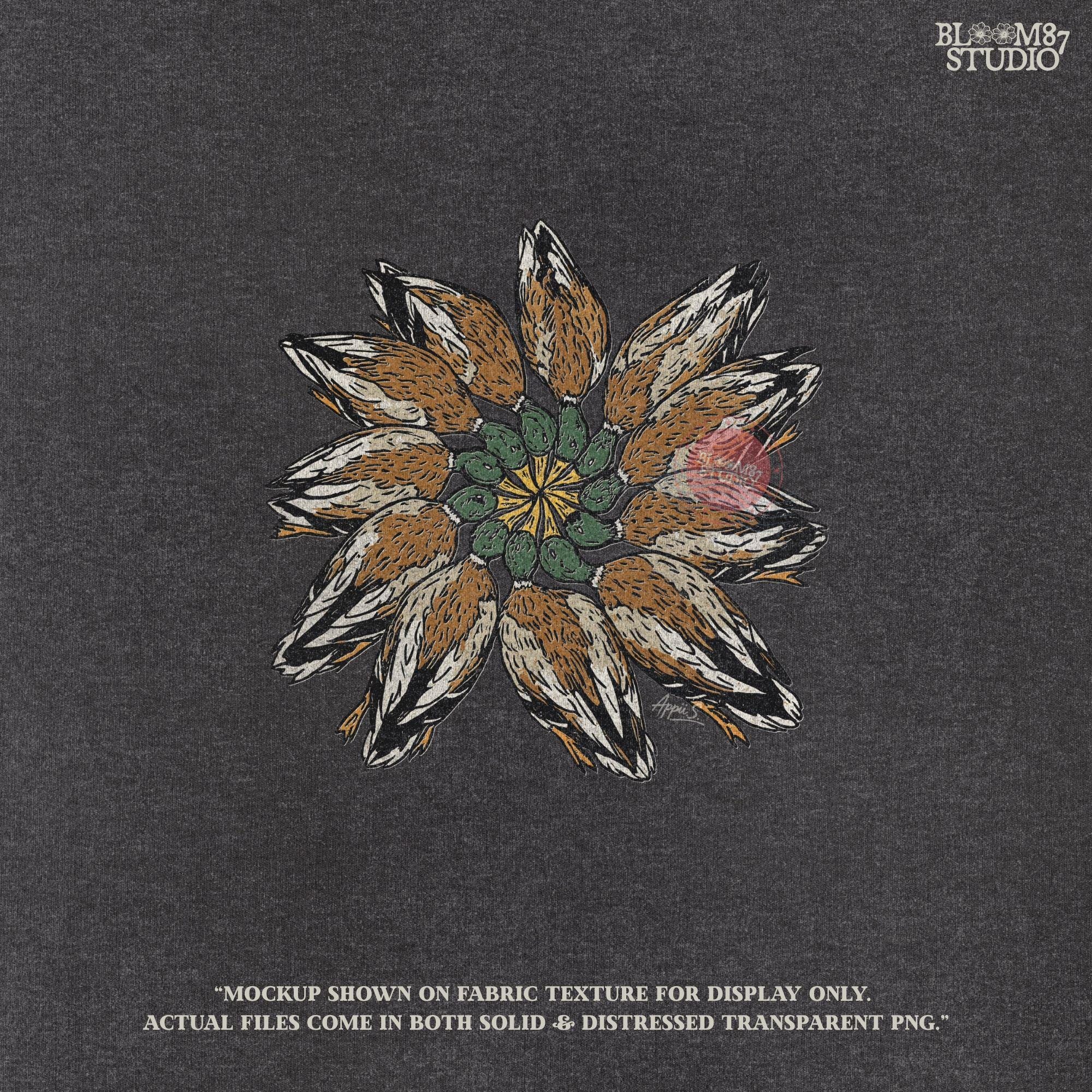 Solid version:
“Harvested ducks arranged in a circle graphic – duck hunting sublimation PNG for rustic lodge décor and outdoor crafts”

Distressed version:
“Vintage distressed sublimation PNG of hunted ducks displayed in circular pattern – rustic hunting lodge and fall season design”