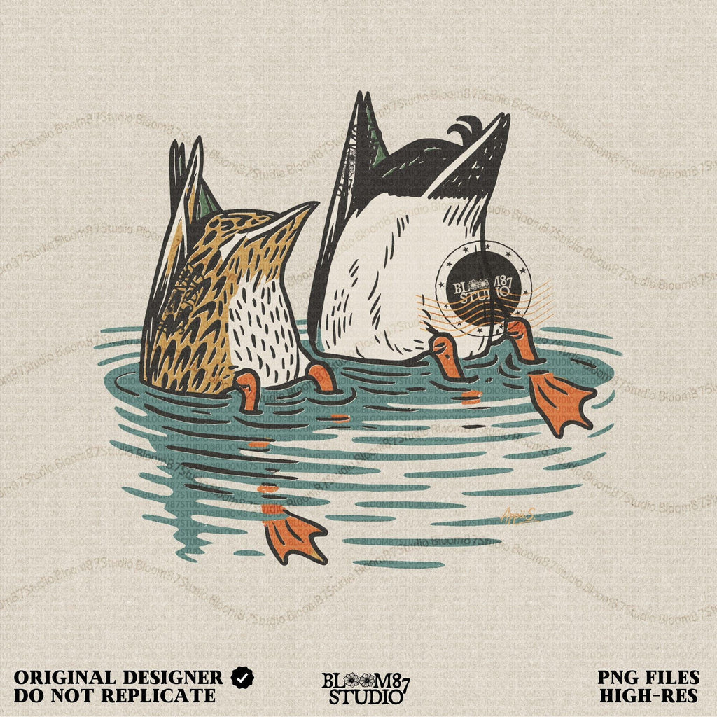 Solid version:
“Two ducks dabbling with tails up and feet in water – funny duck sublimation PNG for hunting shirts and rustic crafts”

Distressed version:
“Vintage distressed sublimation PNG of two ducks with tails up in pond – funny waterfowl hunting and rustic outdoor design”